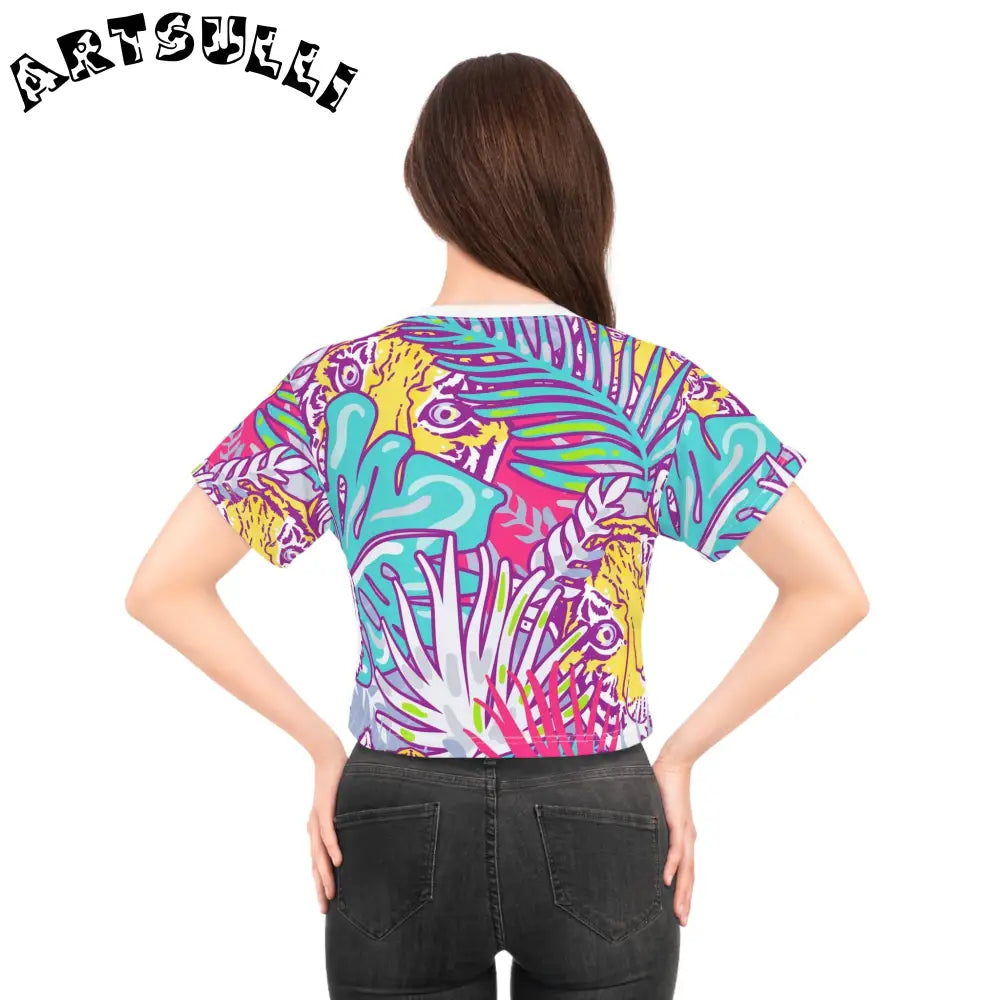 JAKKOUTTHEBXX Tropical Floral Tigers Torquise and Purple Crop Tee