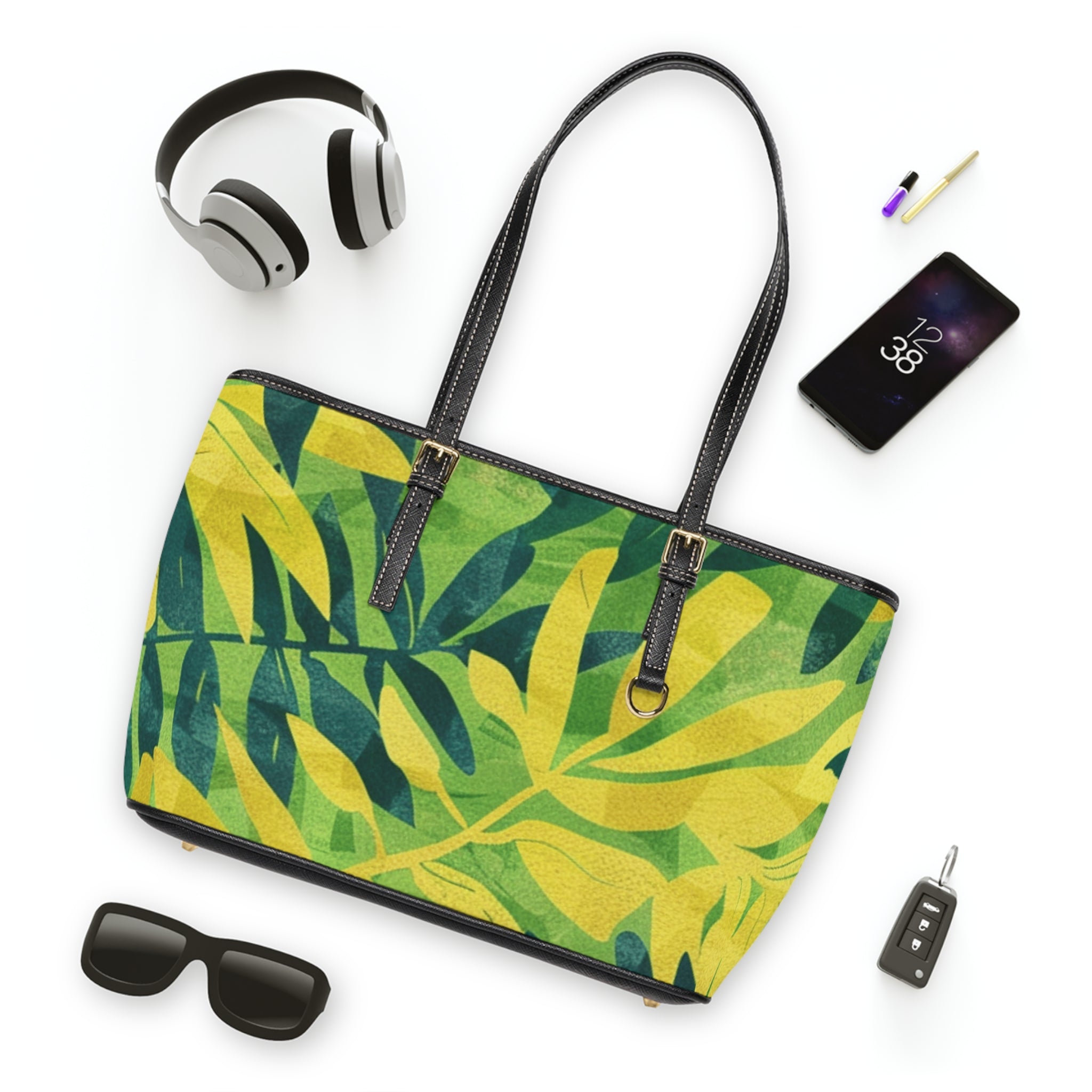 Green Leaf x Yellow Leaf x Tropical x Jungle PU Leather Shoulder Bag, Artsulli - Art is Long, Life is Short, Bags, , , , , , , 