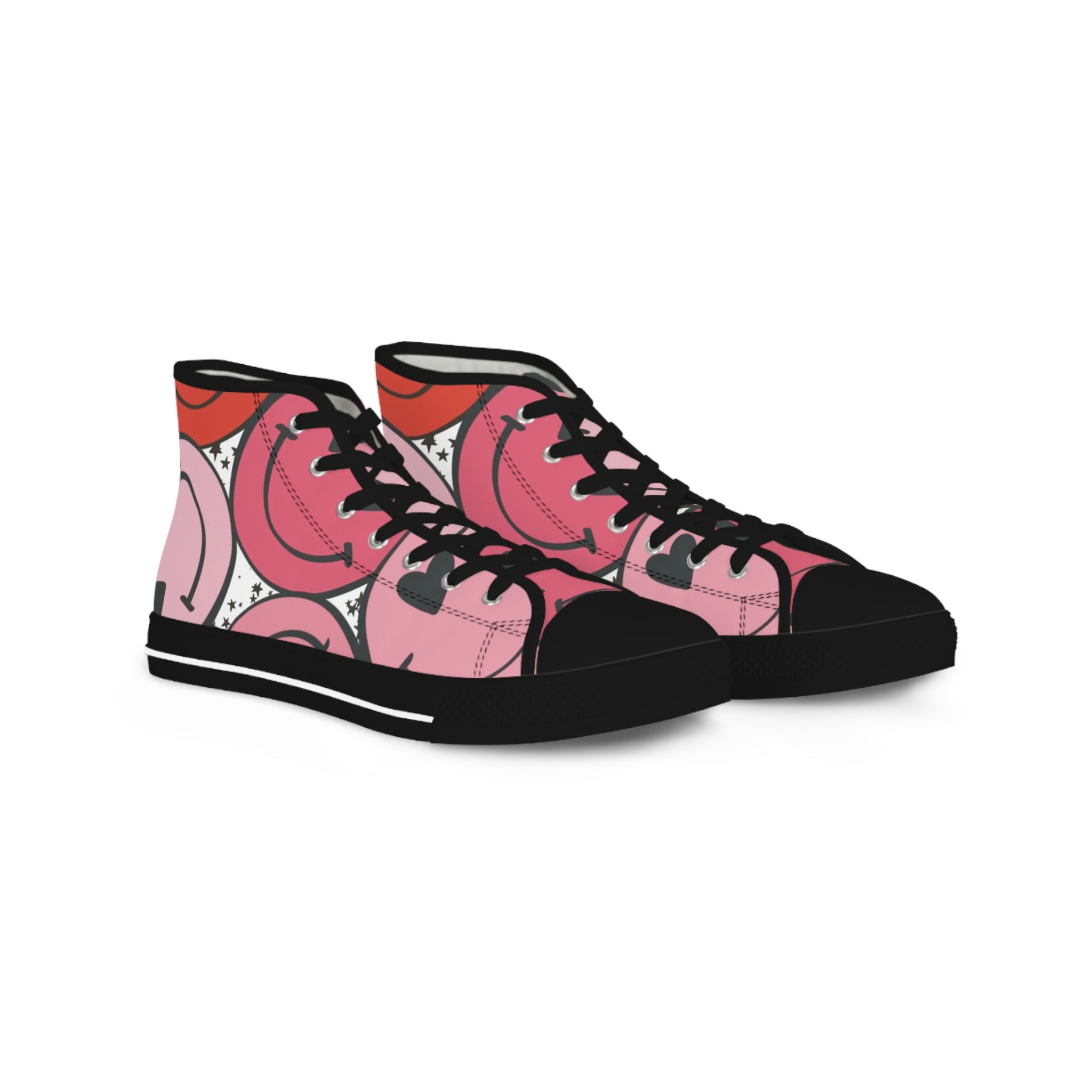 Big Smiley Face x Heart Eyes Pink and Red Men's High Top Sneakers, Artsulli - Art is Long, Life is Short, Shoes, Size, US 5, Color, Black sole, , , 31437314507733314388