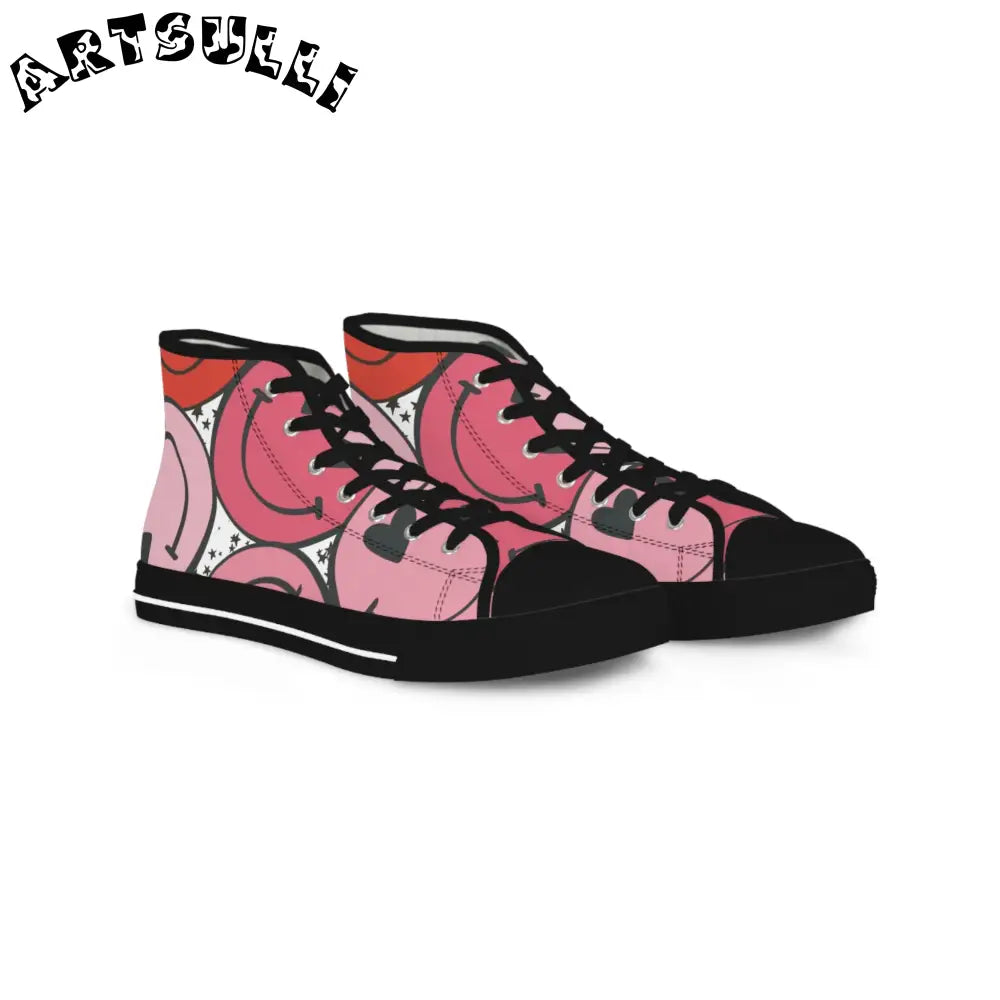 Big Smiley Face x Heart Eyes Pink and Red Men's High Top Sneakers, Artsulli - Art is Long, Life is Short, Shoes, Size, US 5, Color, Black sole, , , 31437314507733314388