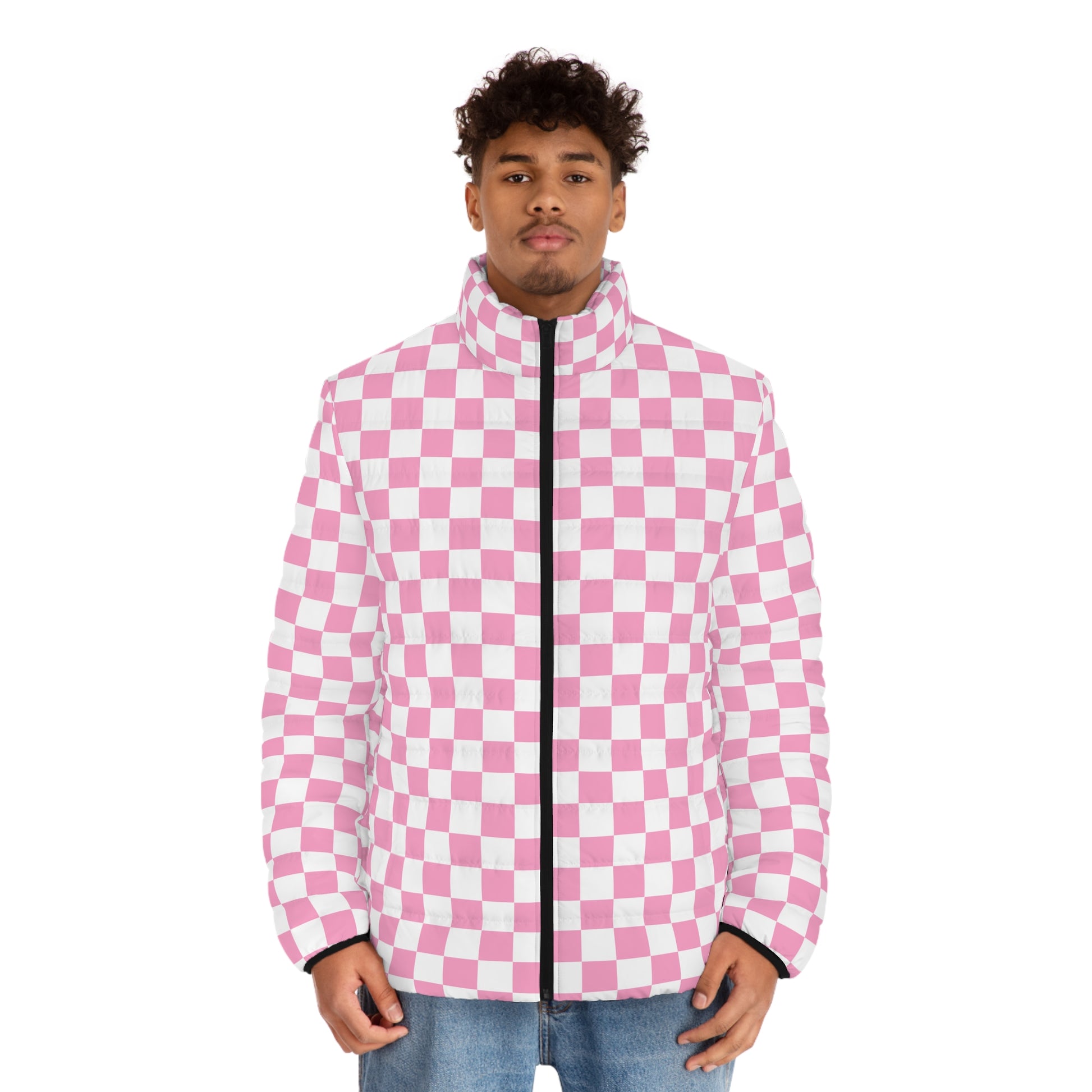 Checkerboard Hot Pink and White Men's Puffer Jacket (AOP), Artsulli - Art is Long, Life is Short, All Over Prints, , , , , , , 