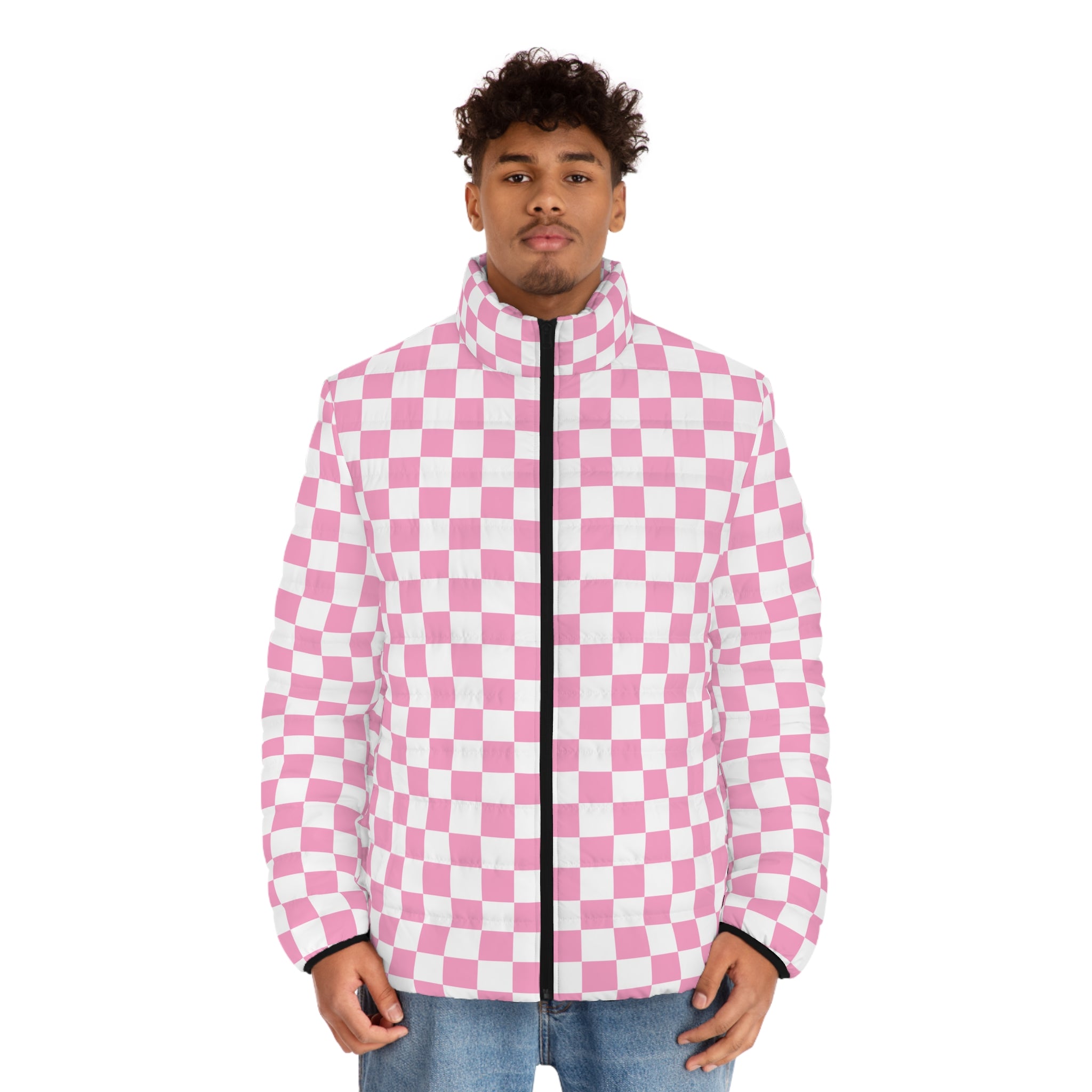 Checkerboard Hot Pink and White Men's Puffer Jacket (AOP), Artsulli - Art is Long, Life is Short, All Over Prints, , , , , , , 