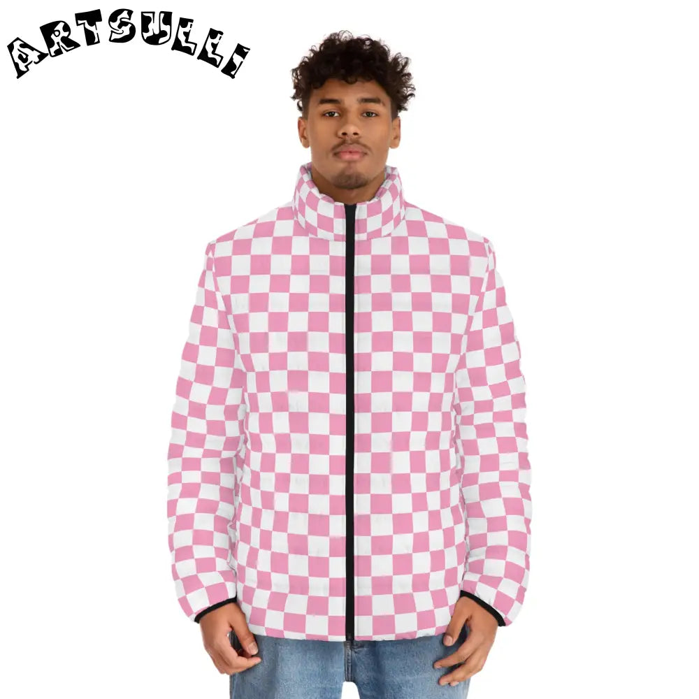 JAKKOUTTHEBXX Checkerboard Hot Pink and White Men’s Puffer Jacket