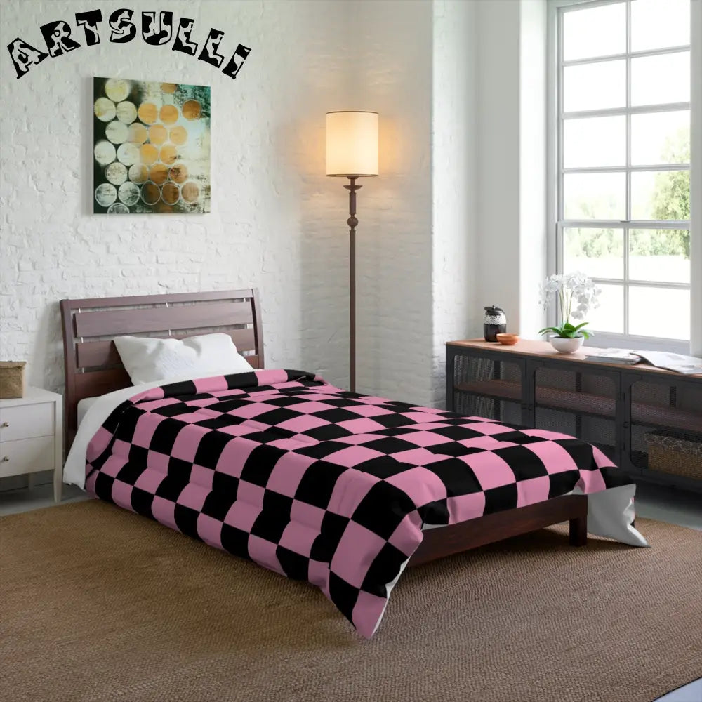 JAKKOUTTHEBXX Checkerboard Black and Pink Comforter JAKKOUTTHEBXX