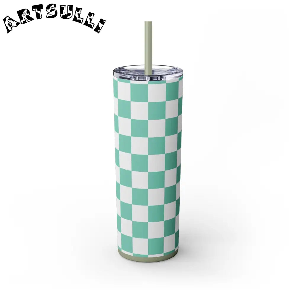 JAKKOUTTHEBXX Checkerboard Light Green Skinny Tumbler with Straw