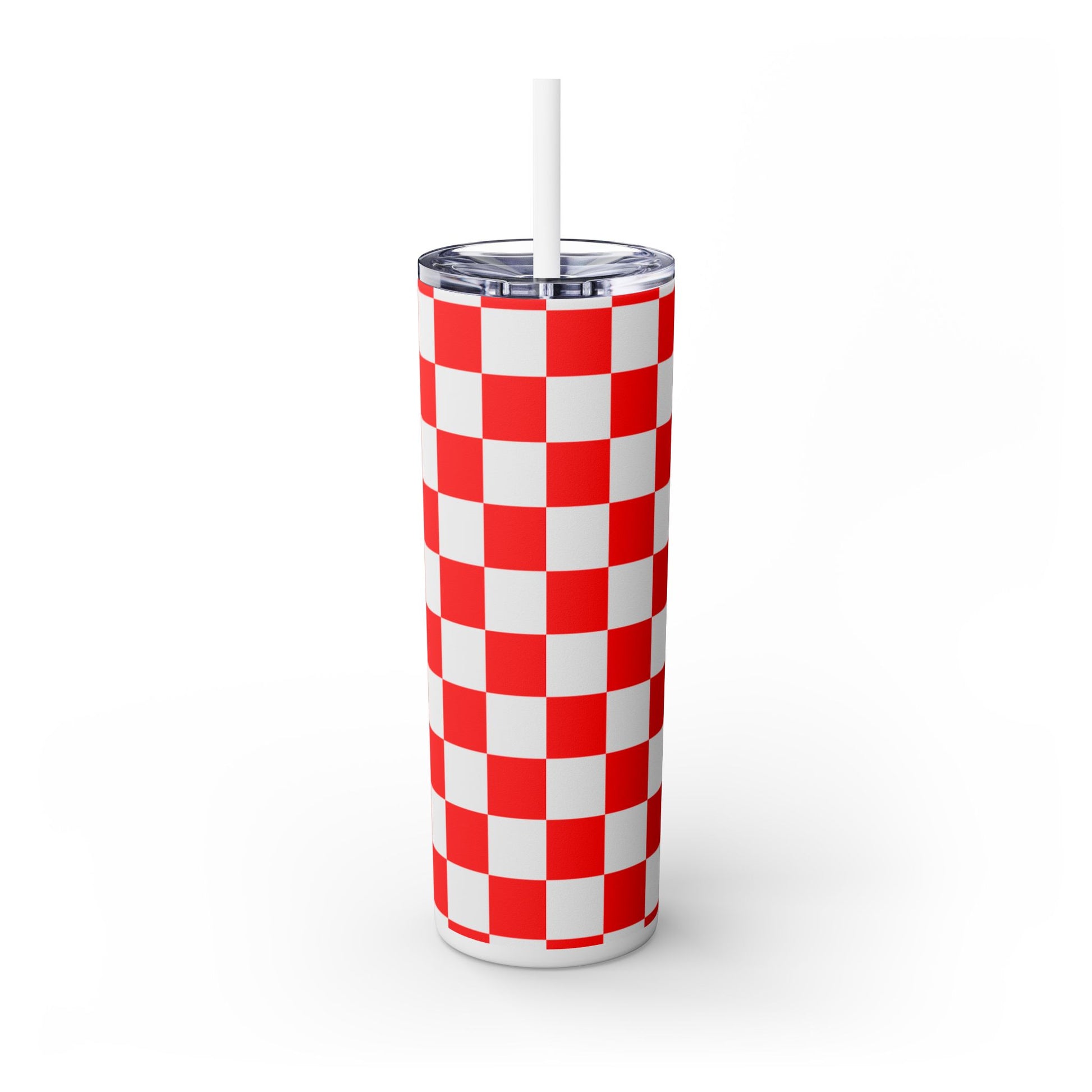 Checkerboard Red and White Skinny Tumbler with Straw, 20oz, Artsulli - Art is Long, Life is Short, Mug, , , , , , , 