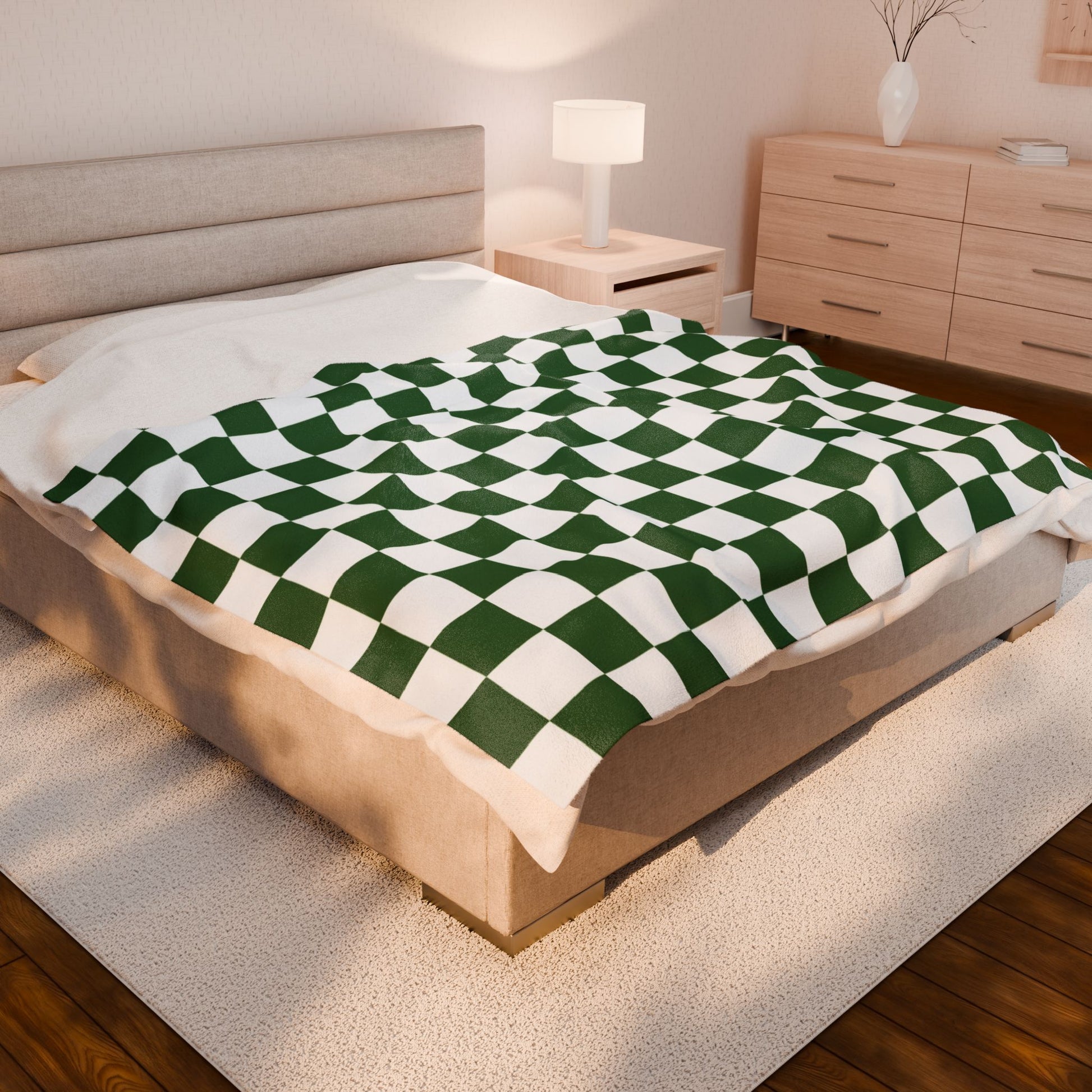 Checkerboard White and Dark Green Velveteen Plush Blanket, Artsulli - Art is Long, Life is Short, All Over Prints, , , , , , , 