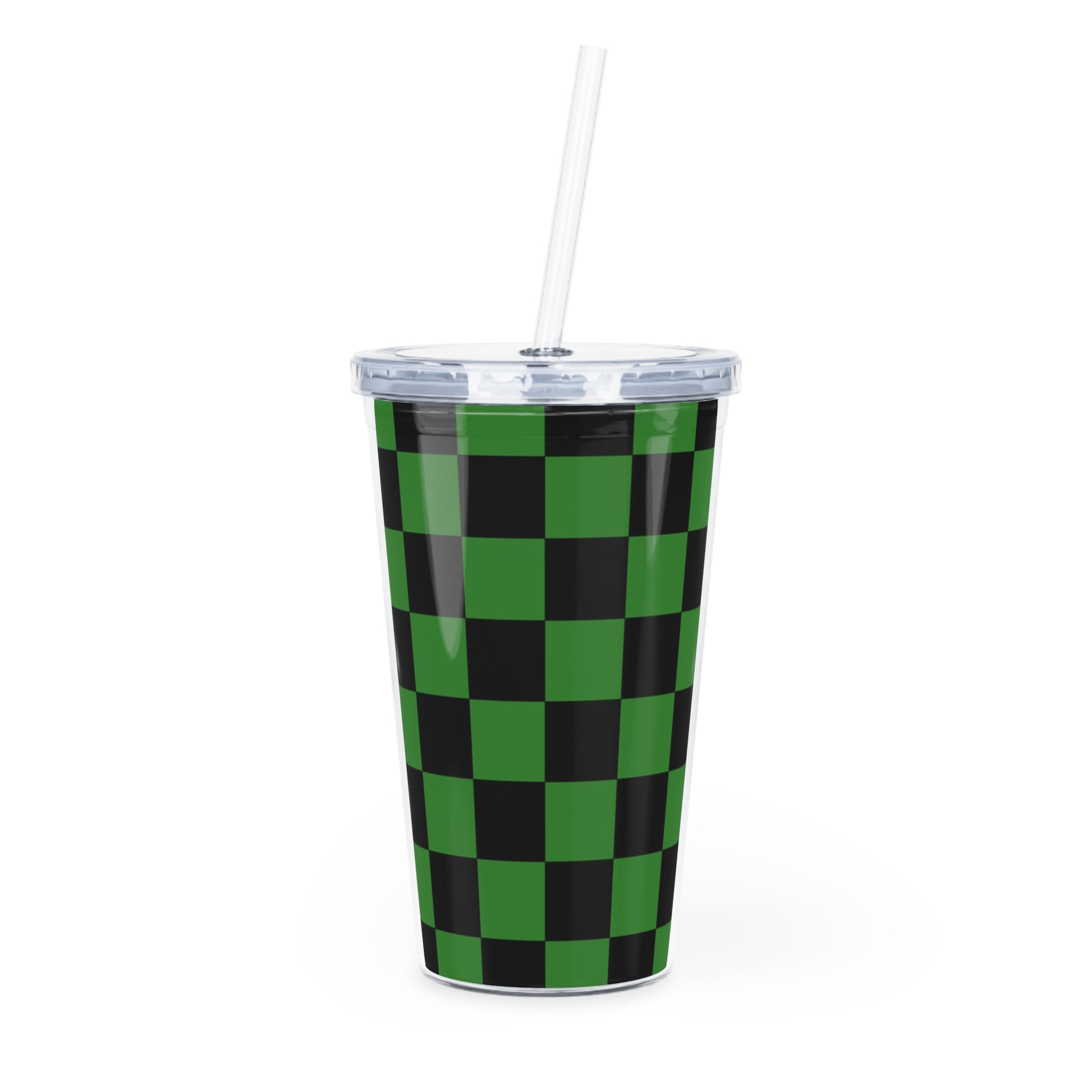 Checkerboard Green and Black Plastic Tumbler with Straw, Artsulli - Art is Long, Life is Short, Mug, Size, 20oz, Color, Transparent, , , 13606624458542061423