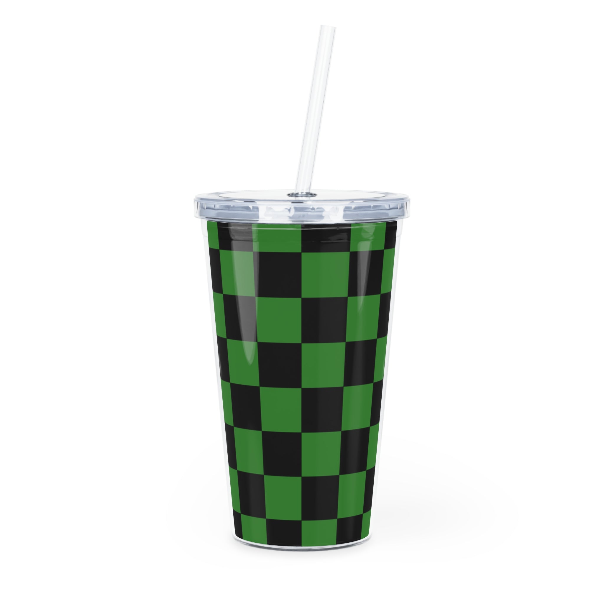 Checkerboard Green and Black Plastic Tumbler with Straw, Artsulli - Art is Long, Life is Short, Mug, Size, 20oz, Color, Transparent, , , 13606624458542061423