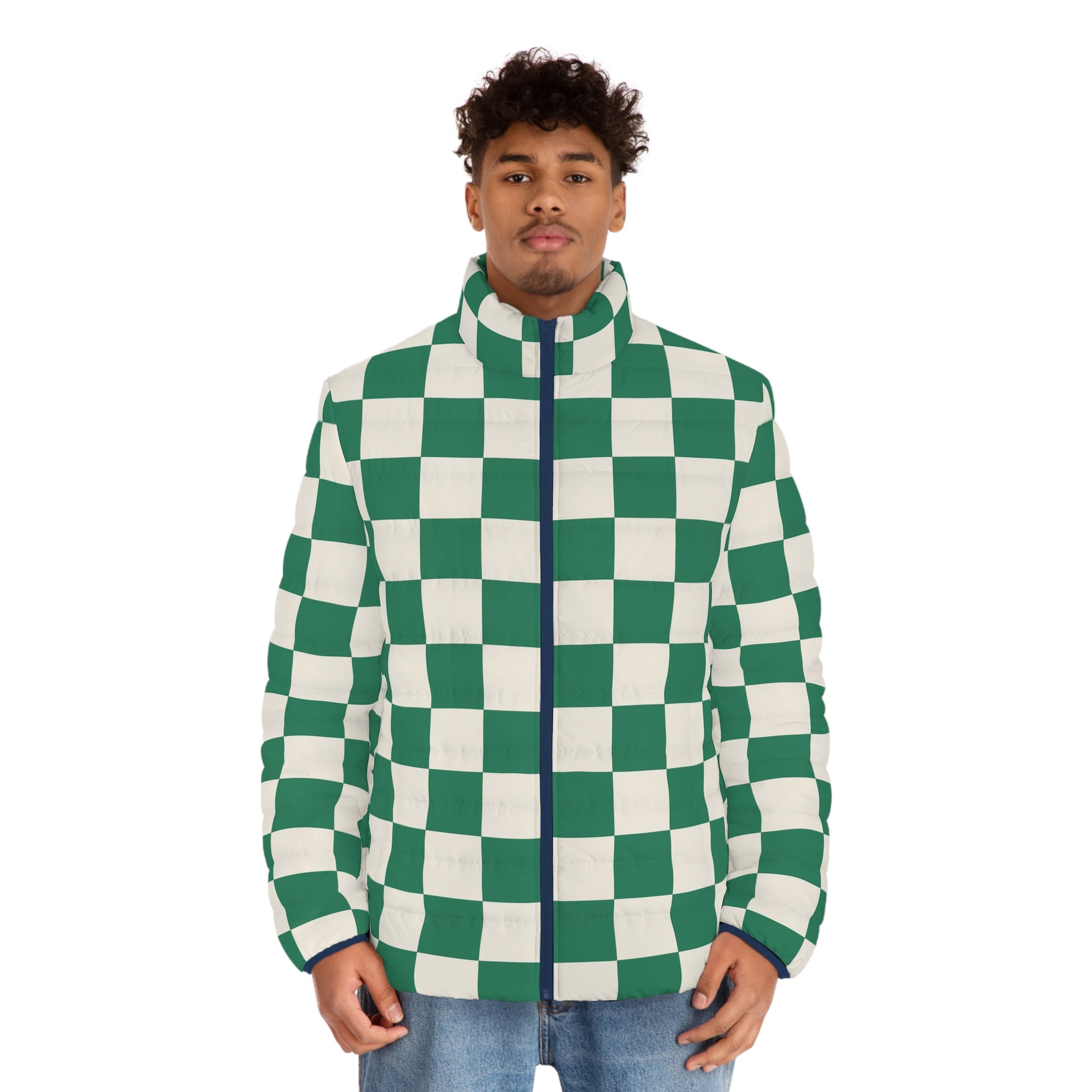 Checkerboard Dark Green Men's Puffer Jacket (AOP), Artsulli - Art is Long, Life is Short, All Over Prints, , , , , , , 