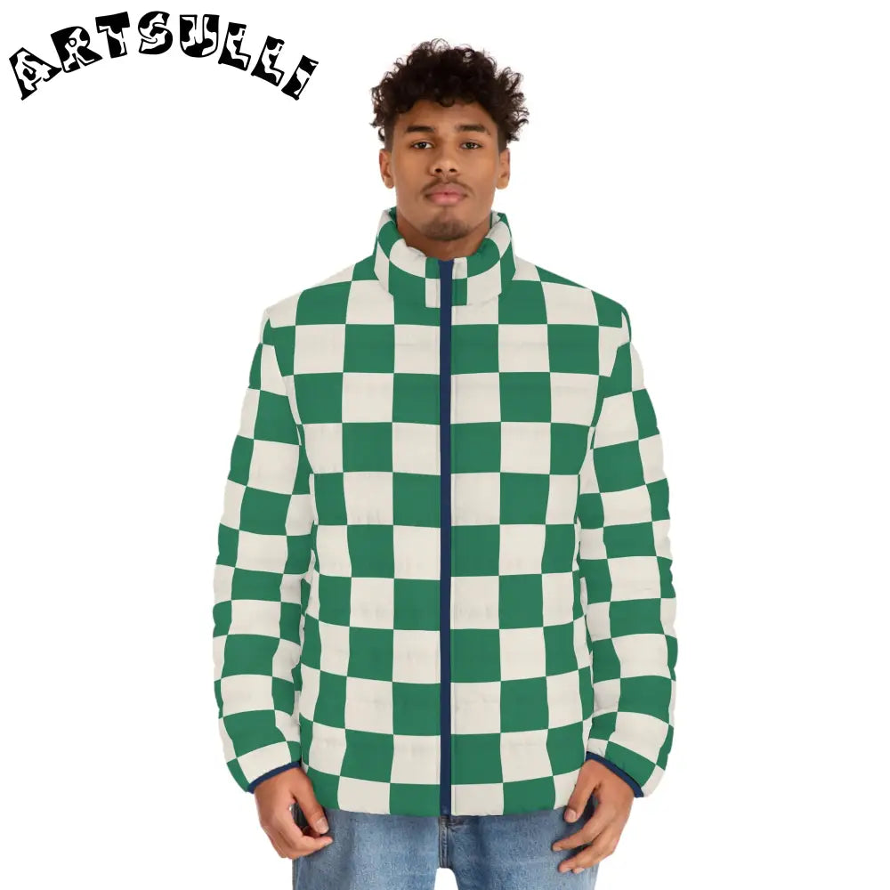 JAKKOUTTHEBXX Checkerboard Dark Green Men’s Puffer Jacket (AOP)