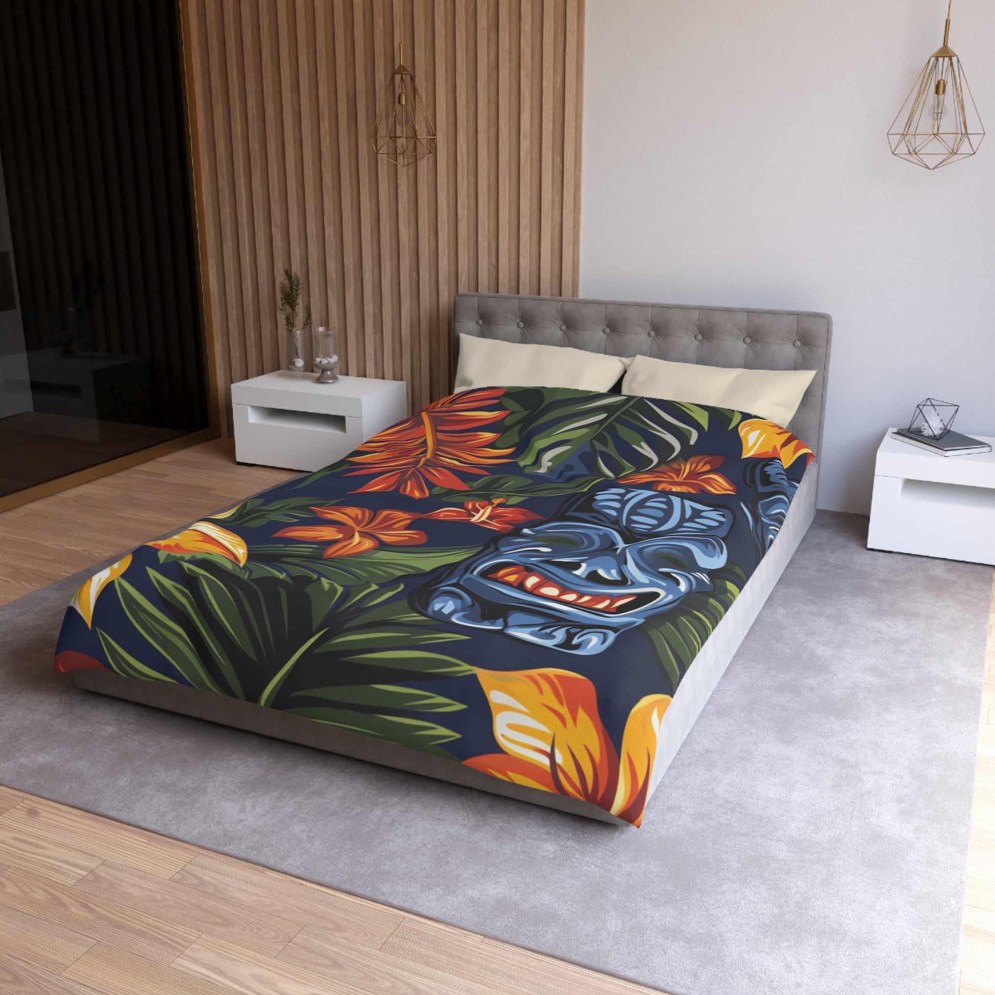 Tiki Bloom Navy Microfiber Duvet Cover, Artsulli - Art is Long, Life is Short, Home Decor, , , , , , , 