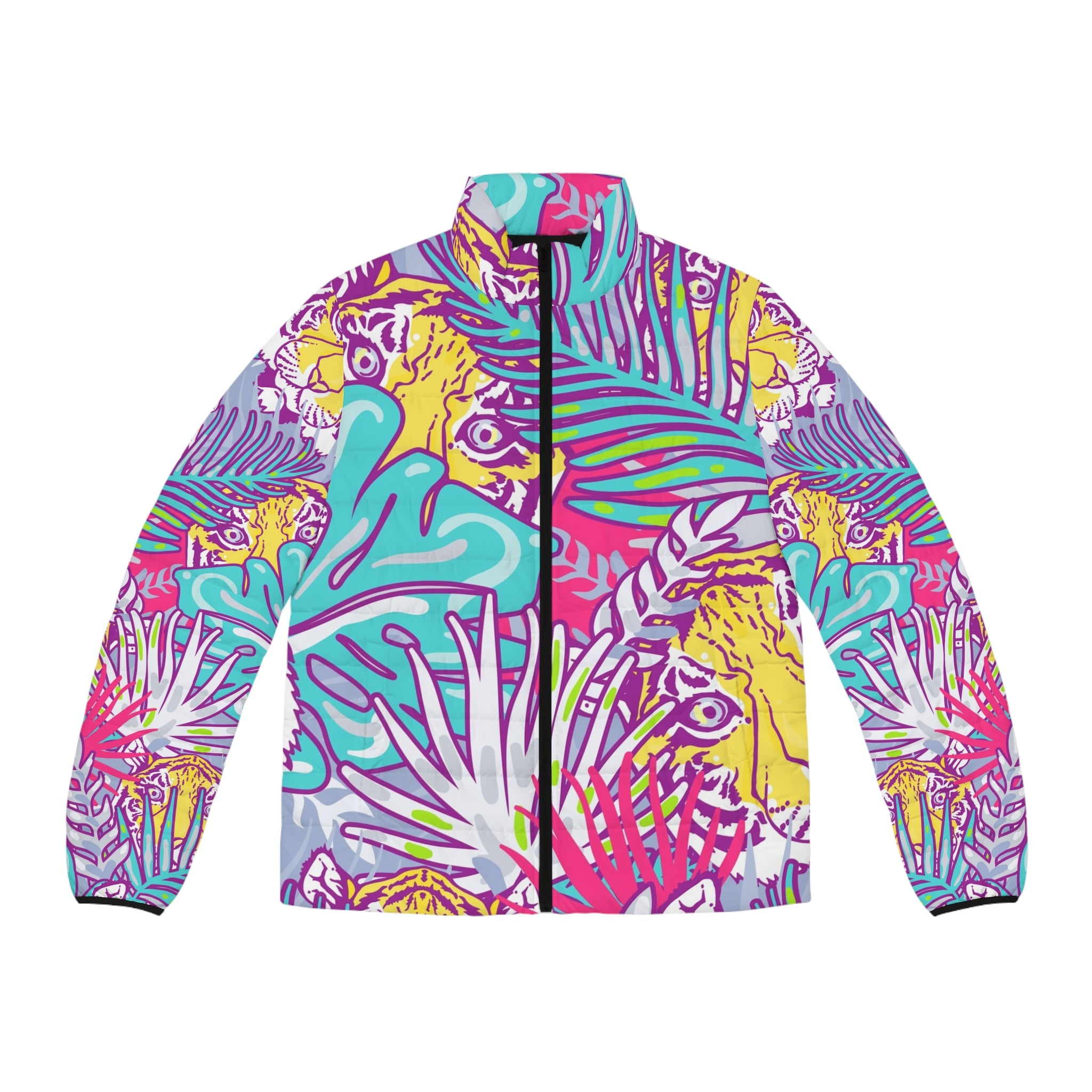 Tropical Jungle Tigers Torquise and Purple Men's Puffer Jacket (AOP), Artsulli - Art is Long, Life is Short, All Over Prints, Size, S, Color, Black zipper, , , 24161774014146740921