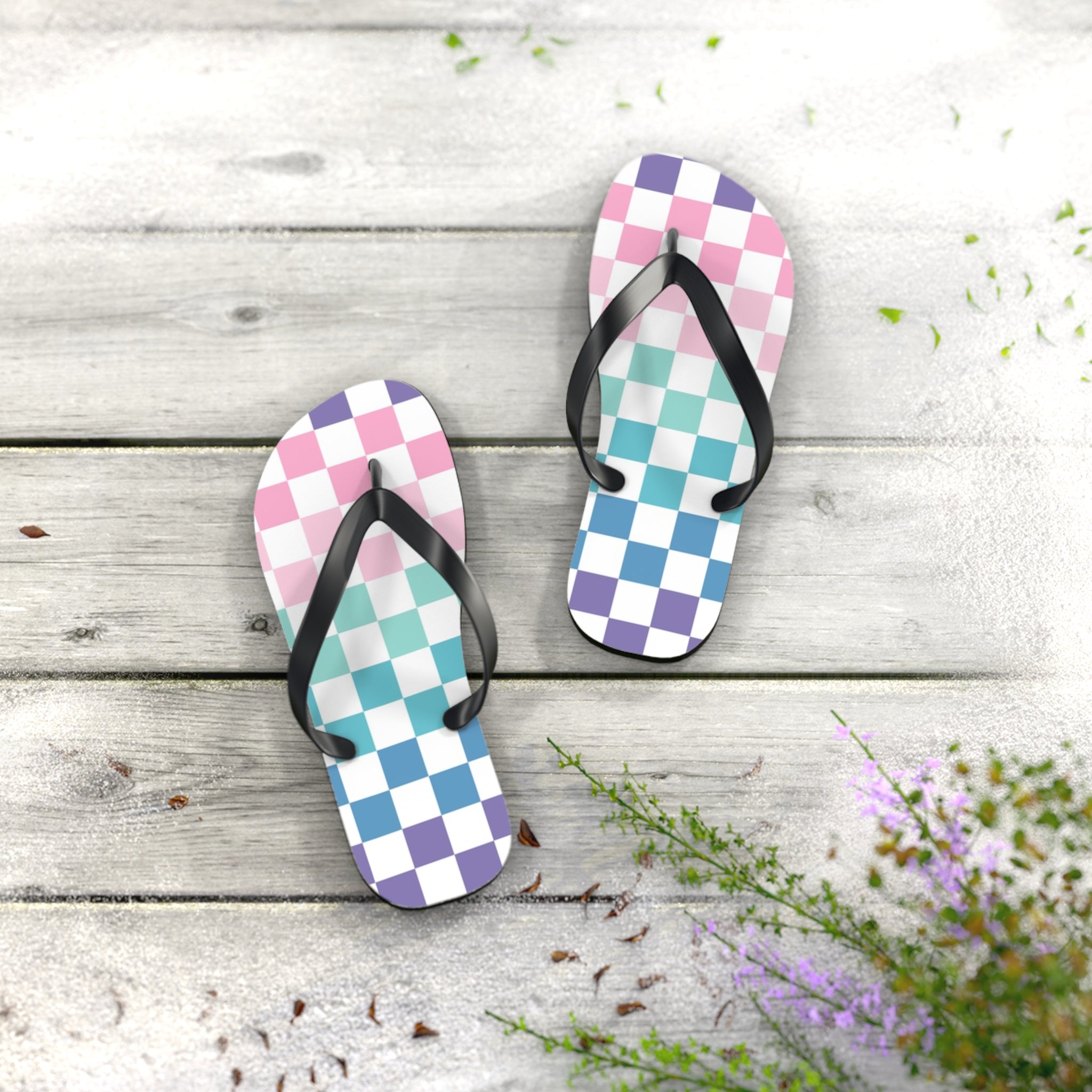 Vaporwave Rainbow  Checkerboard Multi-Color Flip Flops, Artsulli - Art is Long, Life is Short, Shoes, , , , , , , 