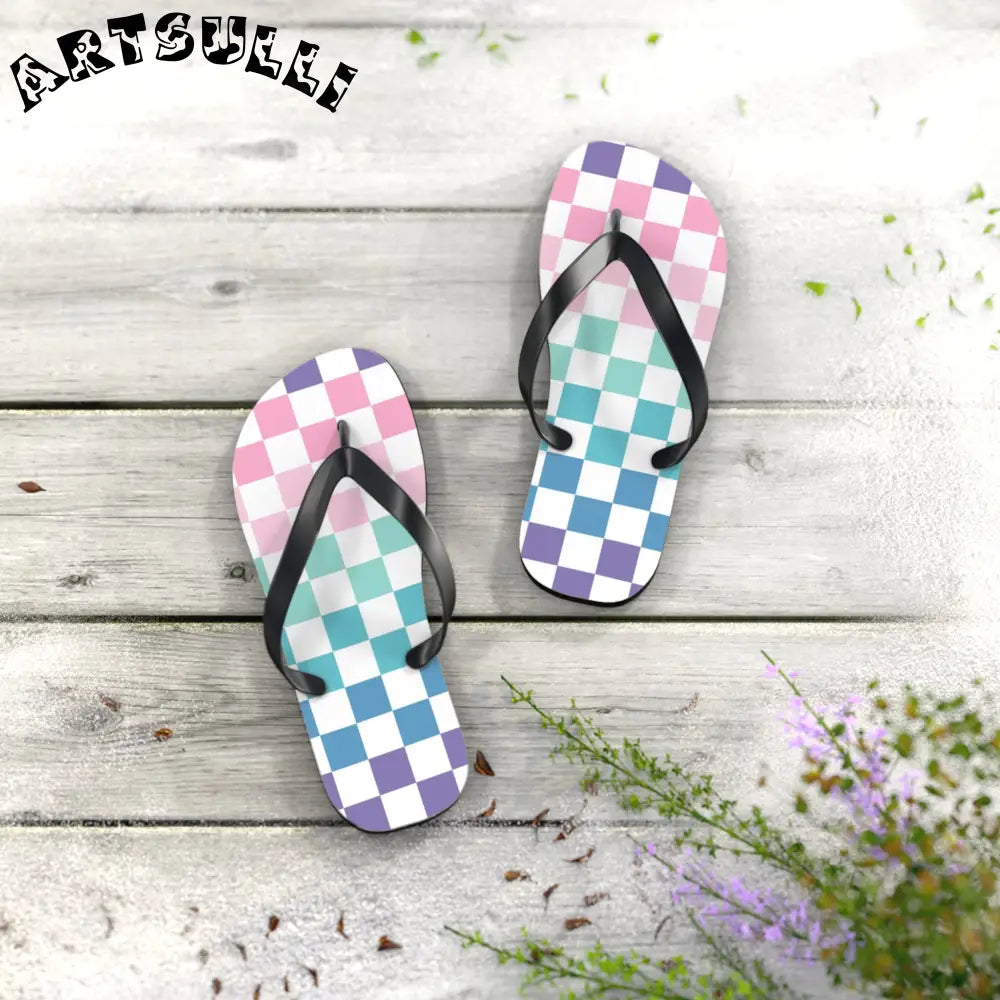 JAKKOUTTHEBXX Vaporwave Rainbow Checkerboard Multi-Color Flip Flops