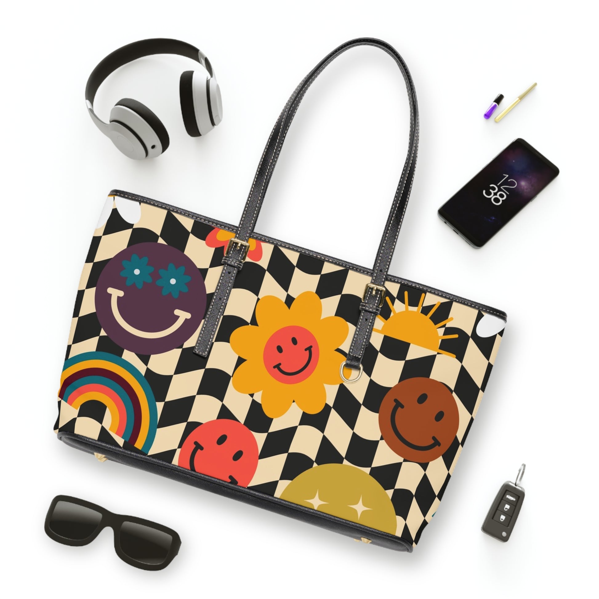 Trippy x Wavy Checkerboard x Smiley Face x Rainbow x Flowers Multi-Color PU Leather Shoulder Bag, Artsulli - Art is Long, Life is Short, Bags, , , , , , , 