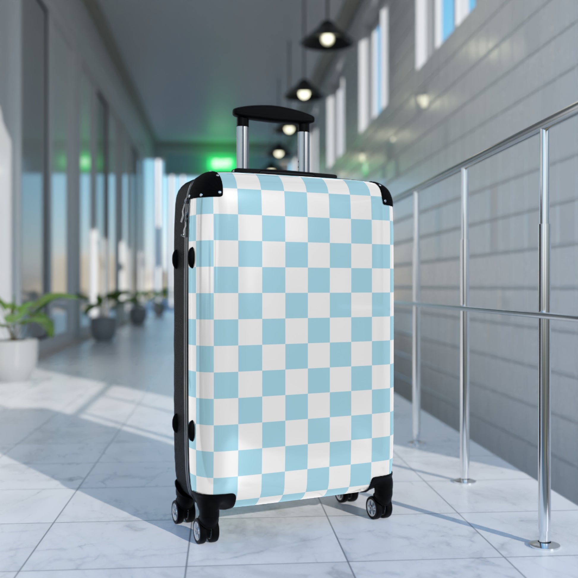 Checkerboard Sky Blue Suitcase, Artsulli - Art is Long, Life is Short, Bags, , , , , , , 