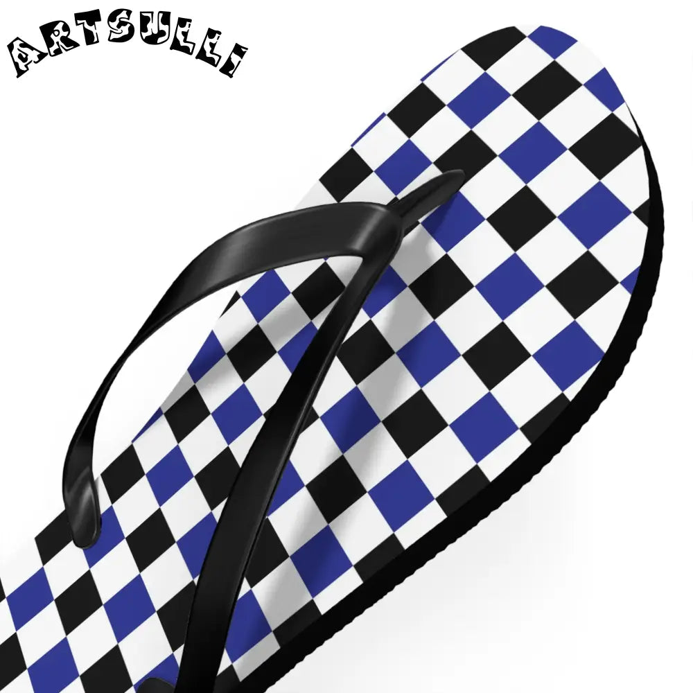 JAKKOUTTHEBXX Checkerboard Blue White and Black Flip Flops