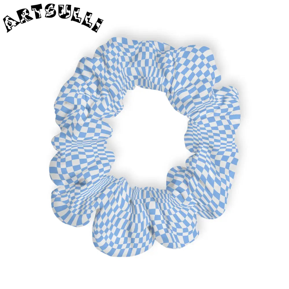 JAKKOUTTHEBXX Checkerboard White and Light Blue Scrunchie