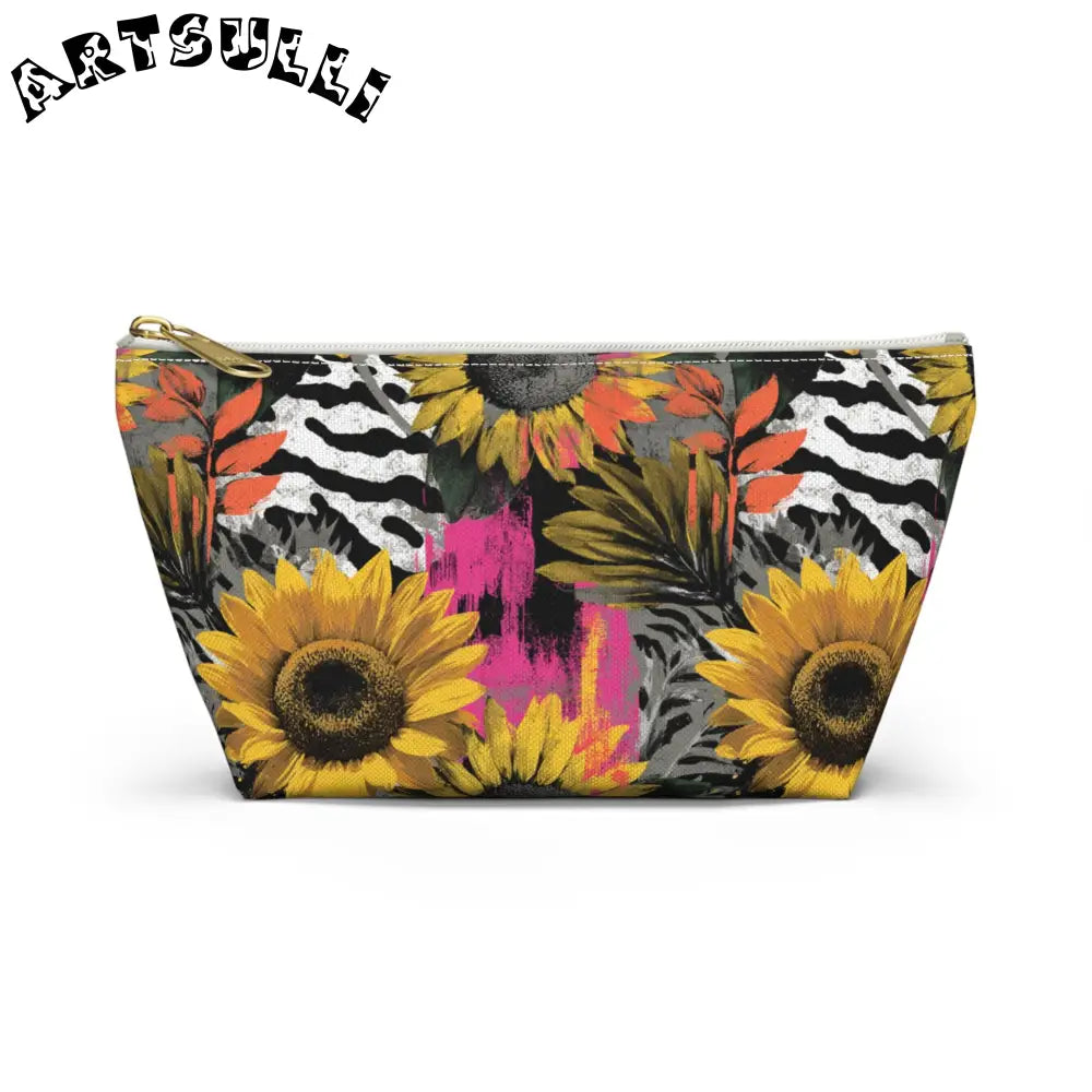 Zebra Stripes x Sunflowers Multi-Color Accessory Pouch w T-bottom, Artsulli - Art is Long, Life is Short, Bags, Size, Small, Color, White zipper, , , 88492243314090882900