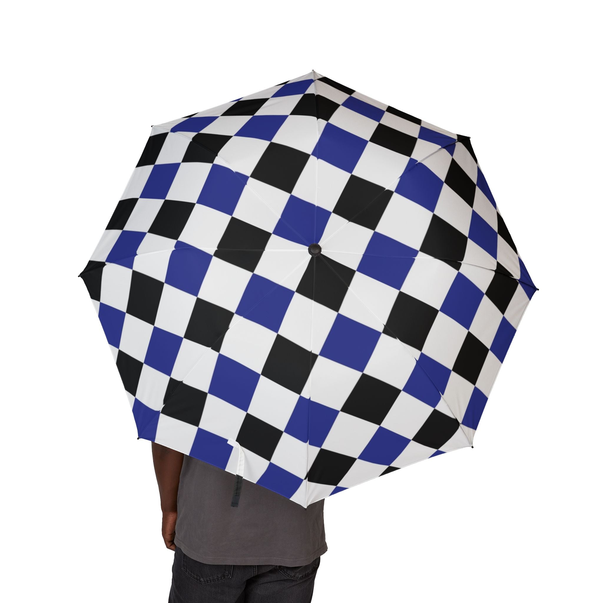 Checkerboard Blue White and Black Semi-Automatic Foldable Umbrella, Artsulli - Art is Long, Life is Short, Accessories, , , , , , , 