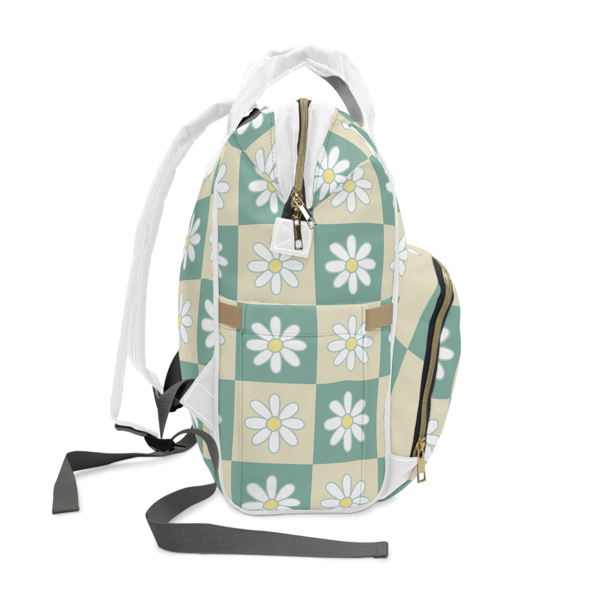 Retro Daisy Checkerboard Green and Tan Multifunctional Diaper Backpack, Artsulli - Art is Long, Life is Short, Bags, , , , , , , 