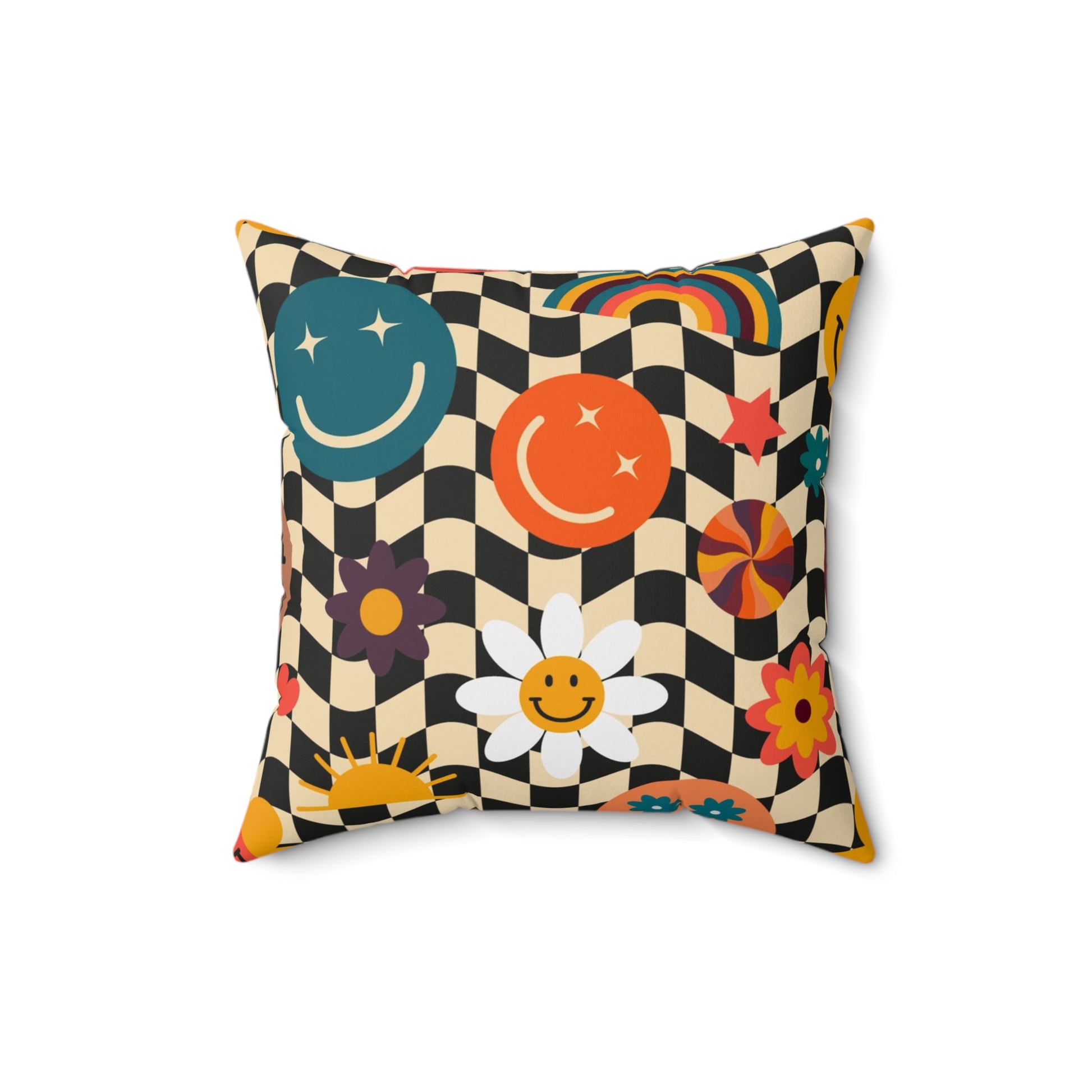 Trippy x Wavy Checkerboard x Smiley Face x Rainbow x Flowers Multi-Color Spun Polyester Square Pillow, Artsulli - Art is Long, Life is Short, Home Decor, , , , , , , 