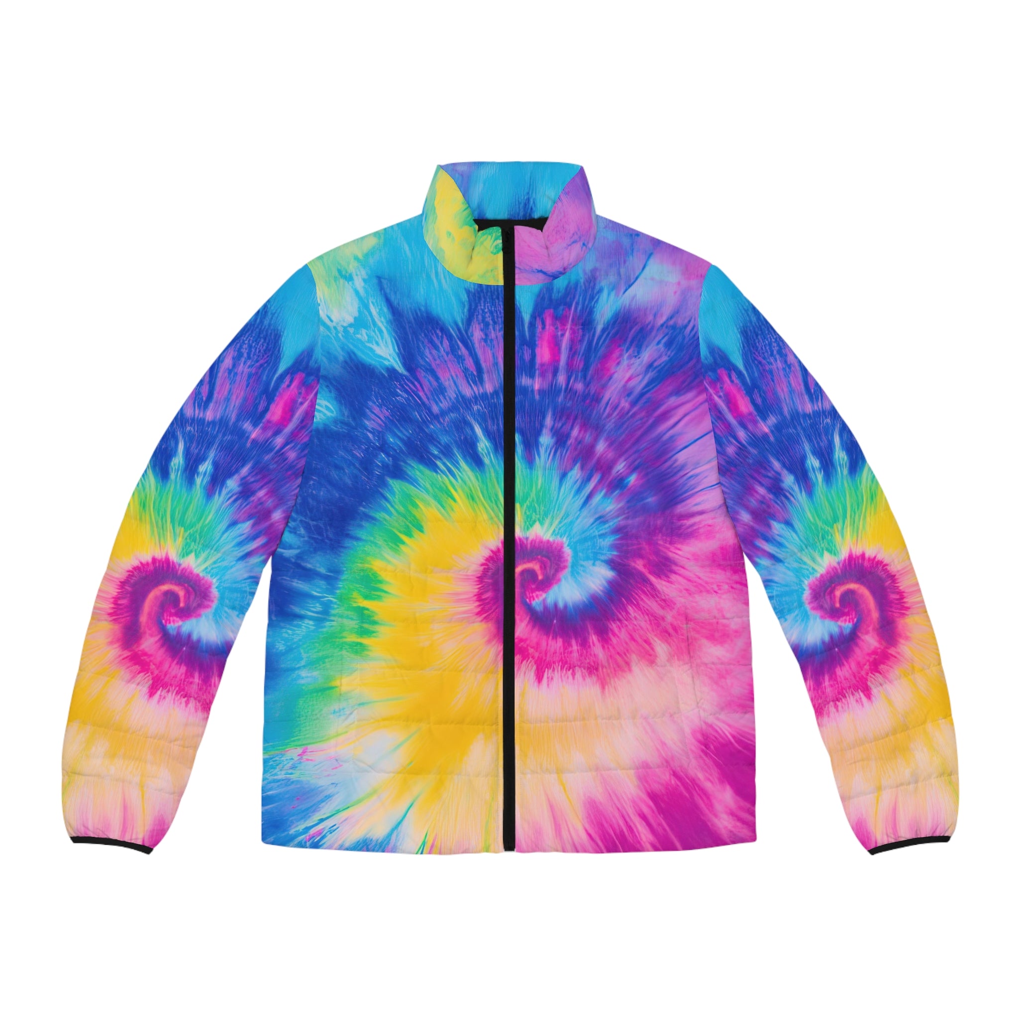 Psychedelic Tie Dye Men's Puffer Jacket (AOP), Artsulli - Art is Long, Life is Short, All Over Prints, Size, S, Color, Black zipper, , , 31249657819974841573