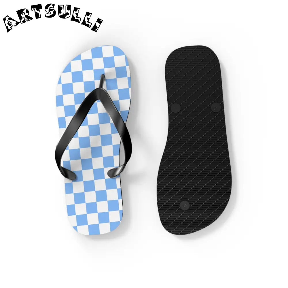 JAKKOUTTHEBXX Checkerboard White and Light Blue Flip Flops