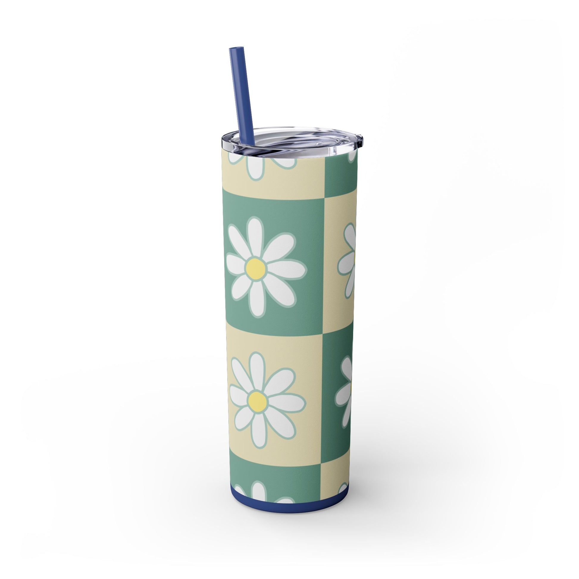 Retro Daisy Checkerboard Green and Tan Skinny Tumbler with Straw, 20oz, Artsulli - Art is Long, Life is Short, Mug, , , , , , , 