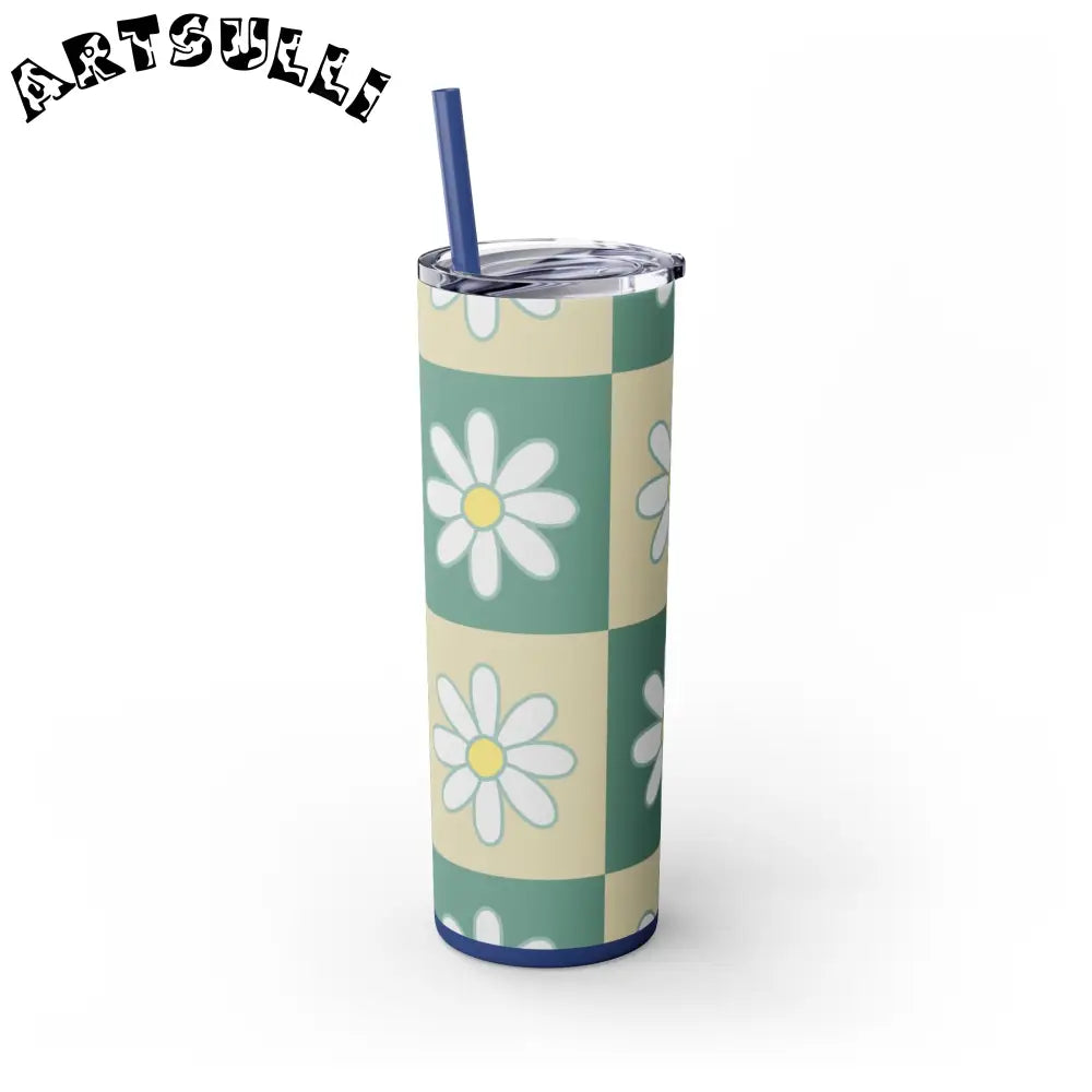 JAKKOUTTHEBXX Retro Daisy Checkerboard Green and Tan Skinny Tumbler