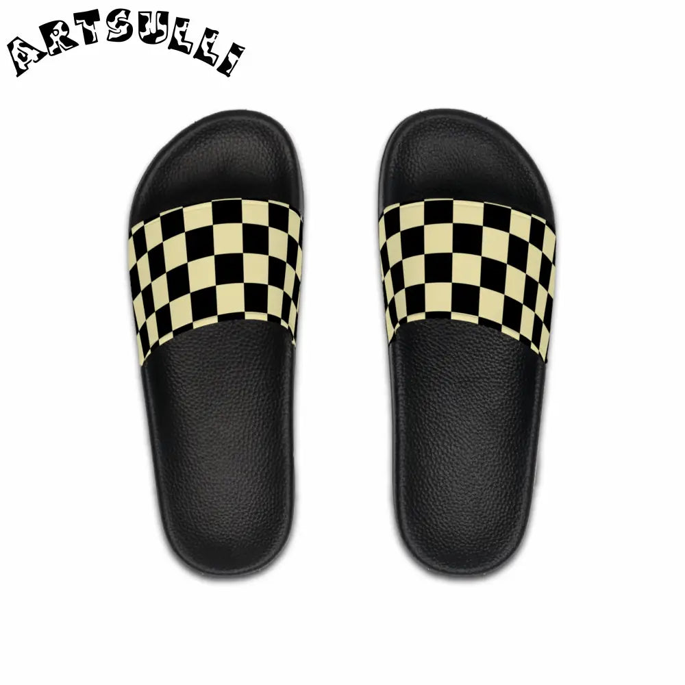 JAKKOUTTHEBXX Checkerboard Black and Yellow Men’s Slide Sandals