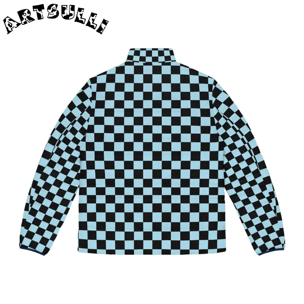 JAKKOUTTHEBXX Checkerboard Black and Blue Men’s Puffer Jacket (AOP)