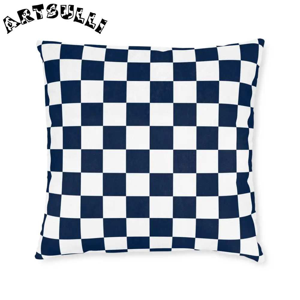 JAKKOUTTHEBXX Checkerboard White and Navy Blue Square Pillow