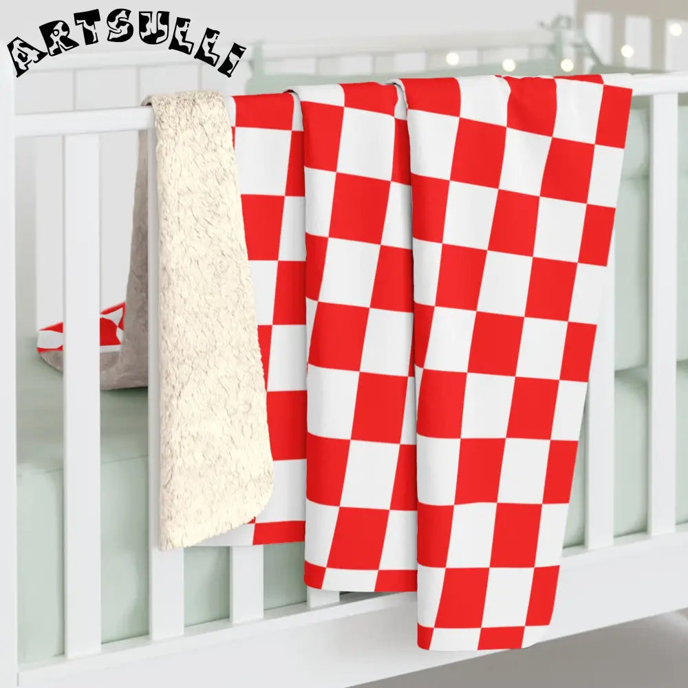 JAKKOUTTHEBXX Checkerboard II Red and White Sherpa Fleece Blanket