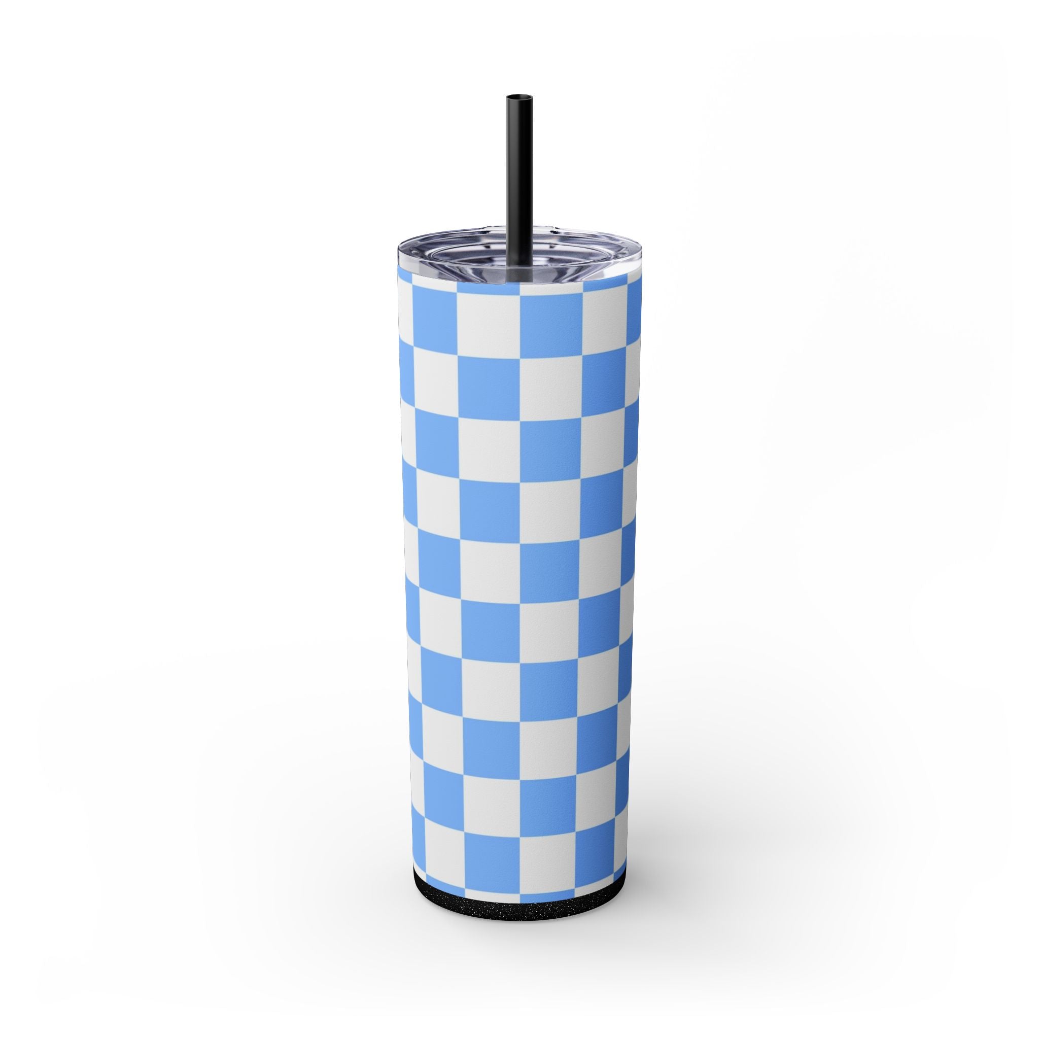 Checkerboard White and Light Blue Skinny Tumbler with Straw, 20oz, Artsulli - Art is Long, Life is Short, Mug, Finish, Glossy, Color, Glitter Black, Size, 20oz, 87311285846201263220
