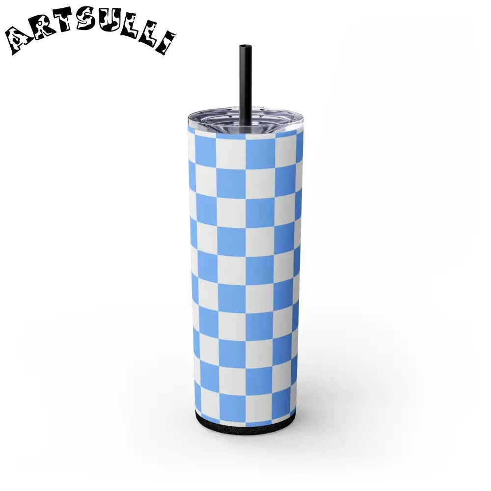 JAKKOUTTHEBXX Checkerboard White and Light Blue Skinny Tumbler
