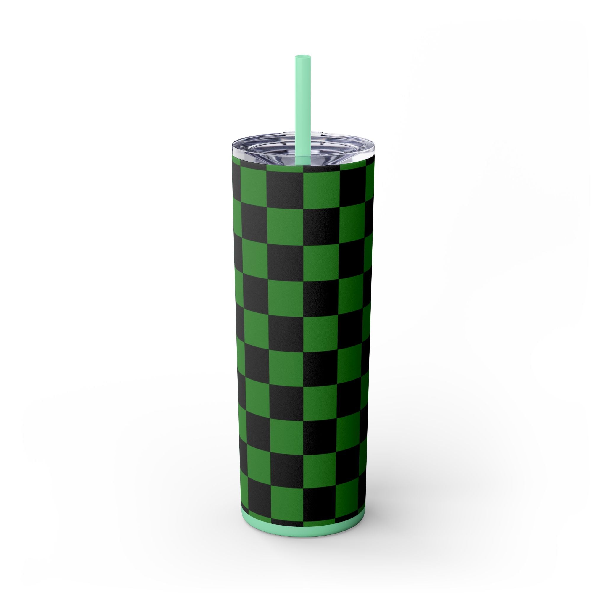 Checkerboard Green and Black Skinny Tumbler with Straw, 20oz, Artsulli - Art is Long, Life is Short, Mug, Finish, Glossy, Color, Mint, Size, 20oz, 30154943753362671108