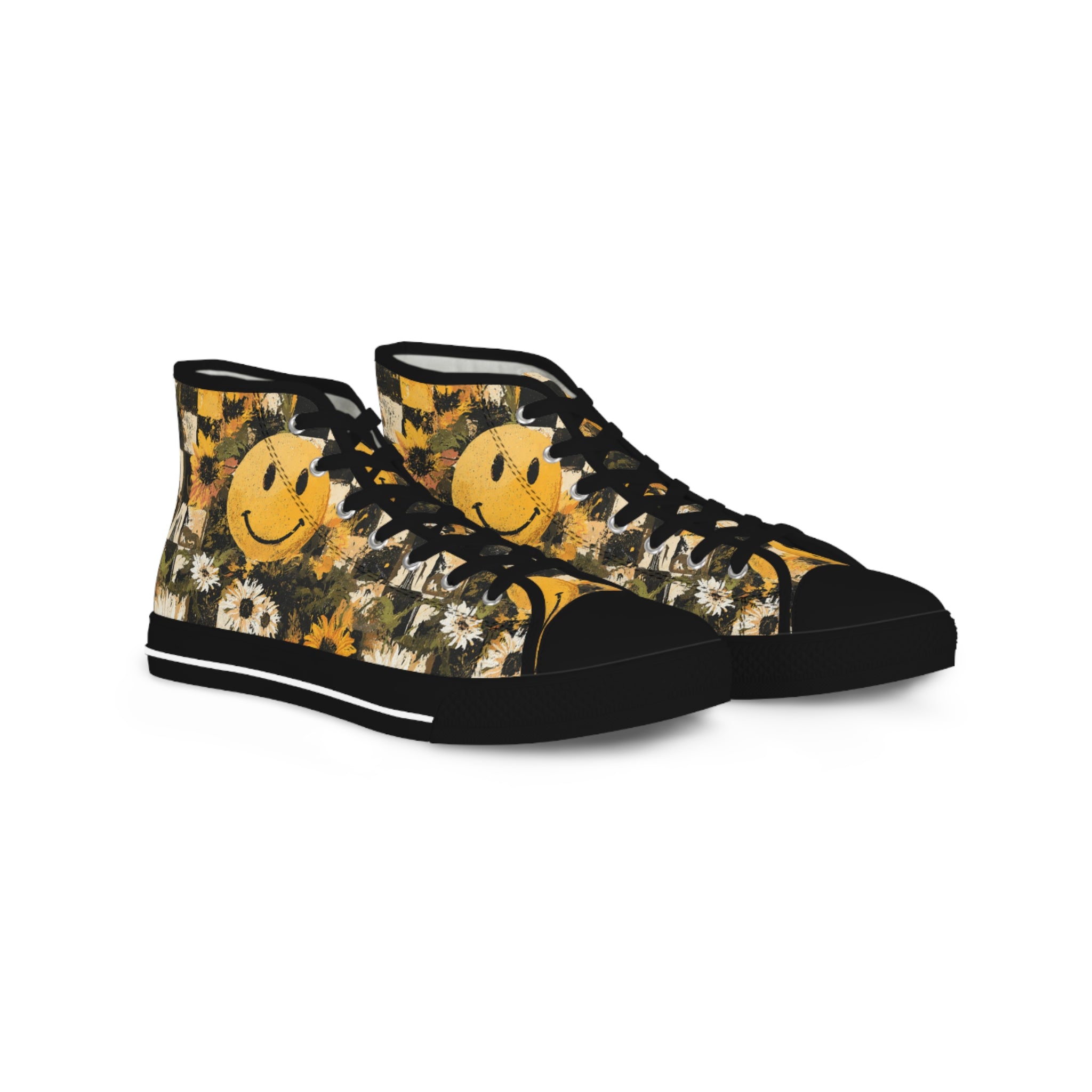 Smiley Face x Checkerboard x Sunflowers x Trippy x Vintage Black and Yellow Men's High Top Sneakers, Artsulli - Art is Long, Life is Short, Shoes, Size, US 5, Color, Black sole, , , 20844108616131276184