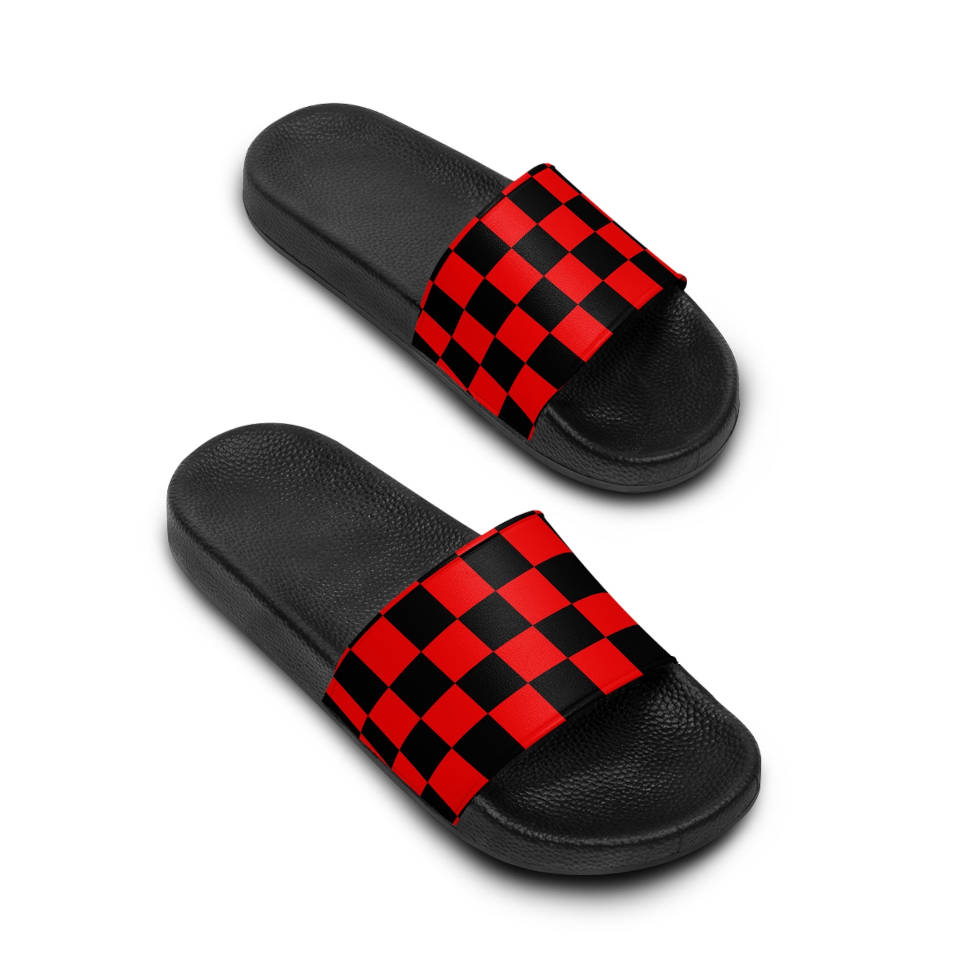 Checkerboard Red and Black Women's Slide Sandals, Artsulli - Art is Long, Life is Short, Shoes, , , , , , , 