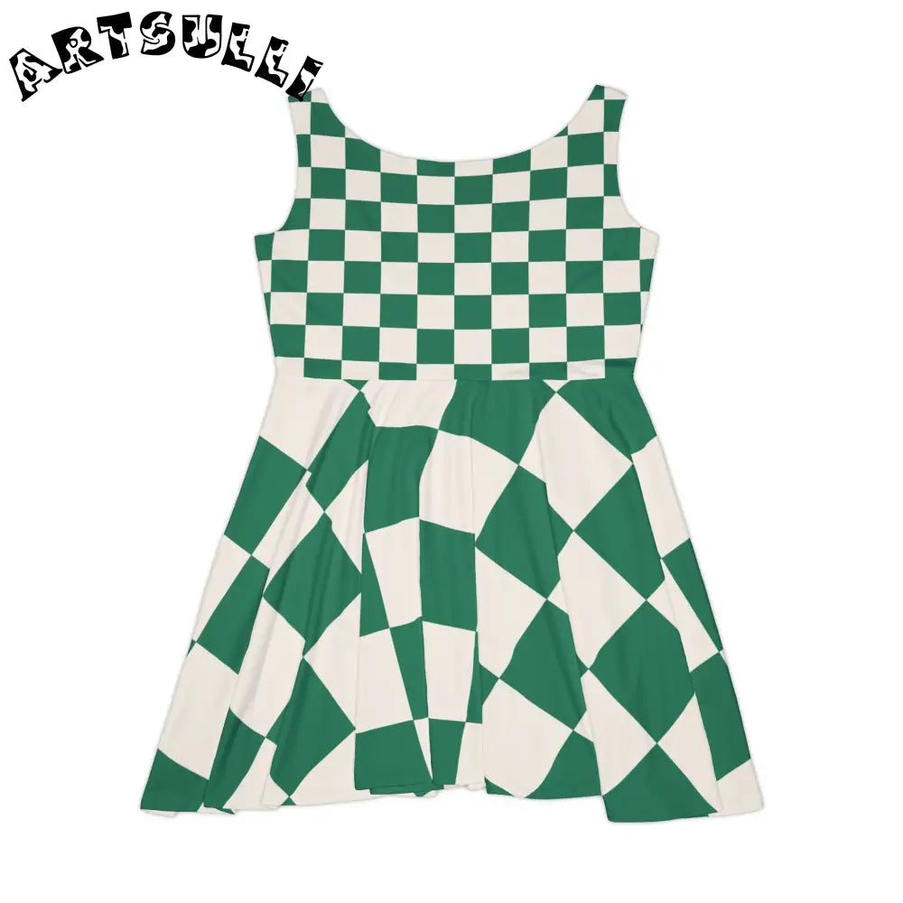 JAKKOUTTHEBXX Checkerboard Dark Green Women’s Skater Dress (AOP)