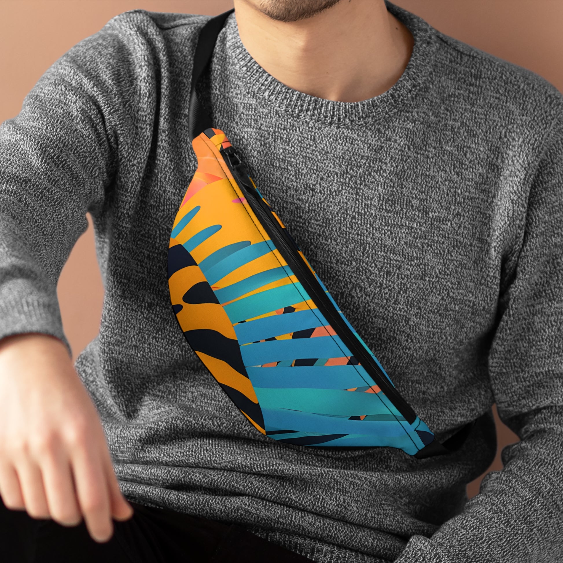 Palm Leaves x Tiger Stripes Orange and Blue Fanny Pack, Artsulli - Art is Long, Life is Short, Bags, , , , , , , 