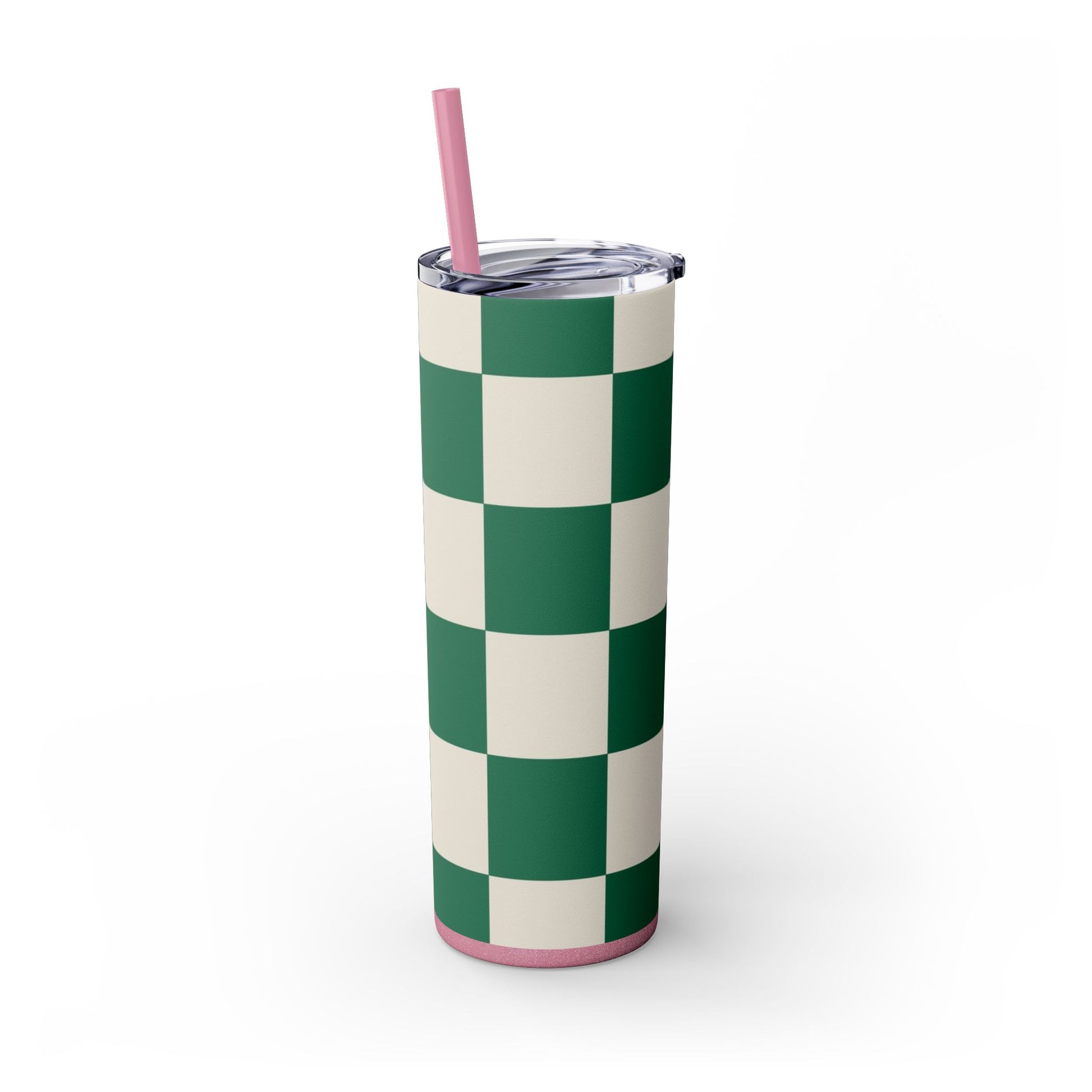 Checkerboard Dark Green Skinny Tumbler with Straw, 20oz, Artsulli - Art is Long, Life is Short, Mug, , , , , , , 