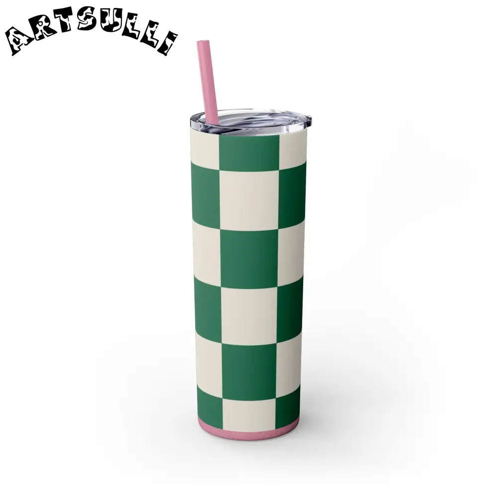 JAKKOUTTHEBXX Checkerboard Dark Green Skinny Tumbler with Straw 20oz