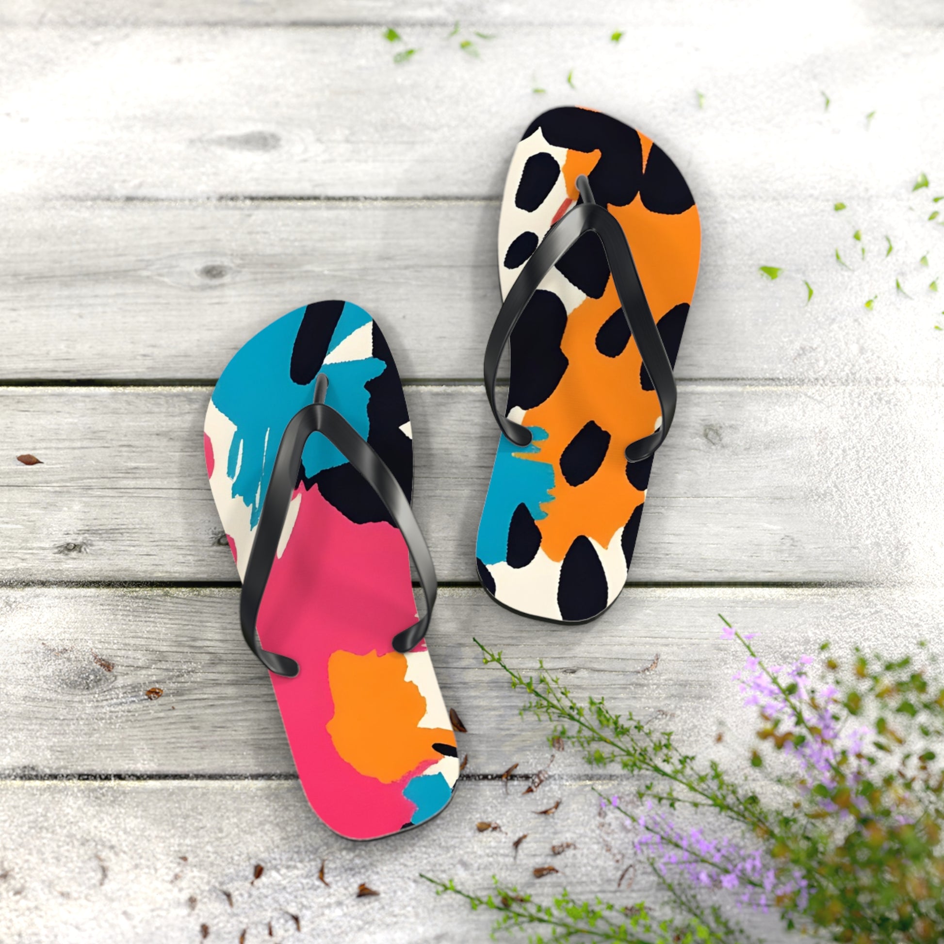 Wild Brush Strokes x Animal Print Multi-Color Flip Flops, Artsulli - Art is Long, Life is Short, Shoes, , , , , , , 