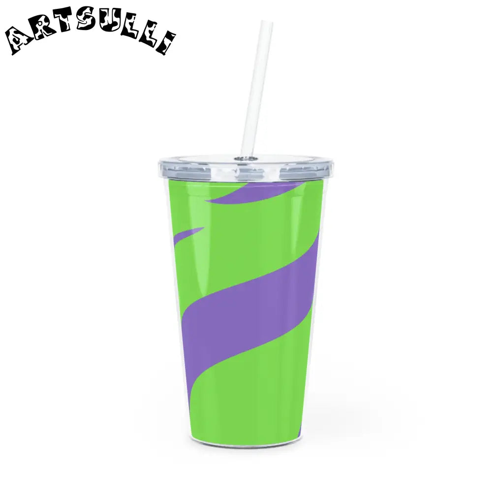 JAKKOUTTHEBXX Tyrannosaurus Print Green and Purple Plastic Tumbler