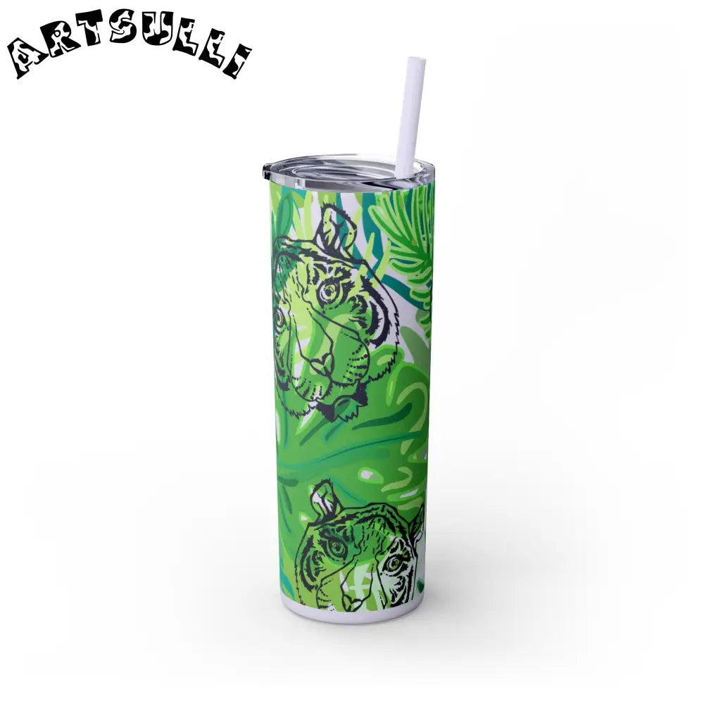 JAKKOUTTHEBXX Tropical Jungle Tigers Green Skinny Tumbler with Straw