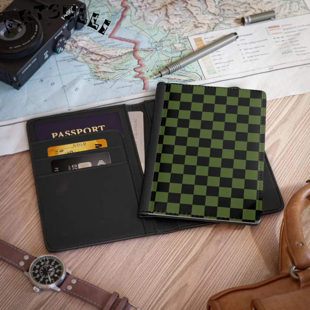 JAKKOUTTHEBXX Checkerboard Olive Green and Black Passport Cover
