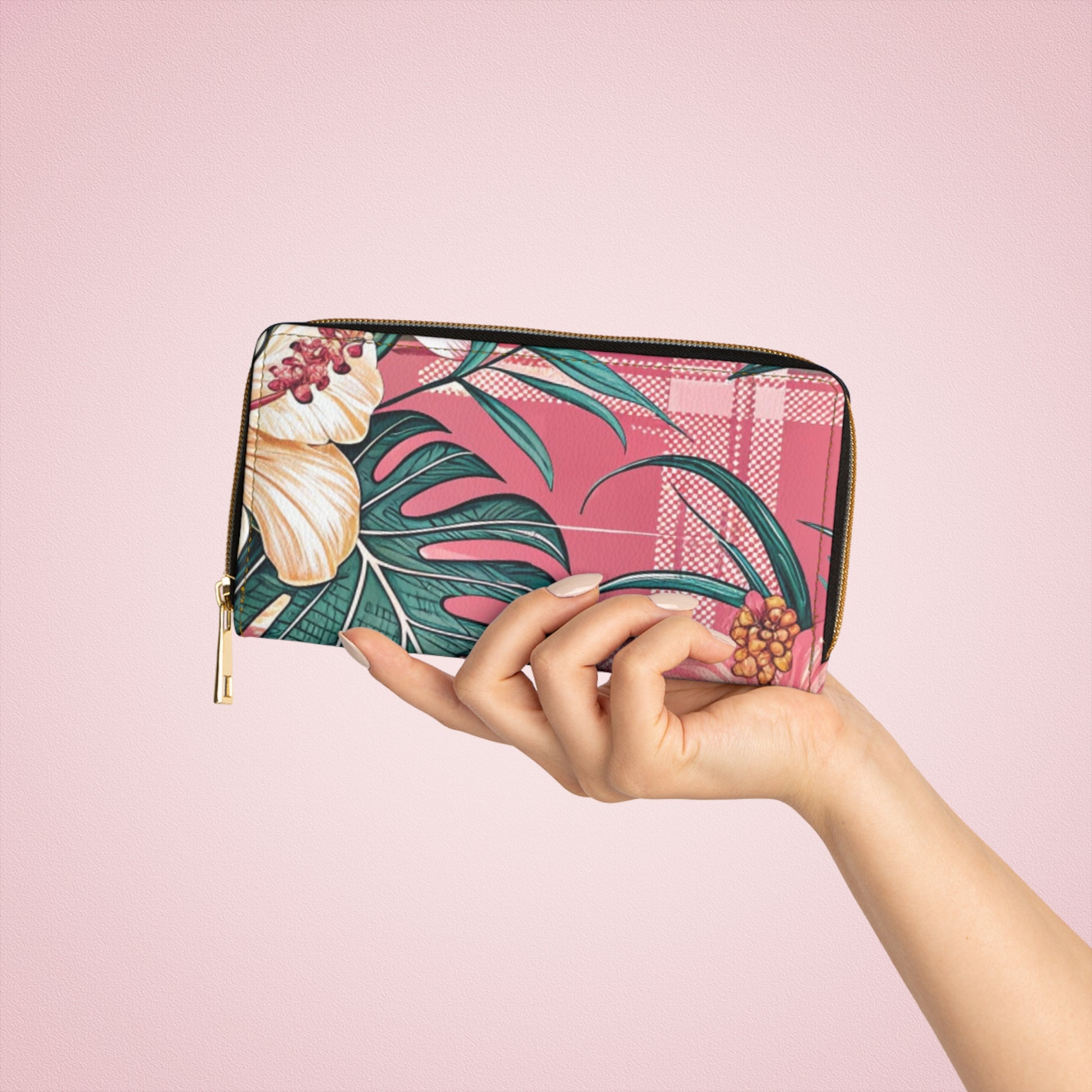 Plaid x Floral Burgundy and Green Zipper Wallet, Artsulli - Art is Long, Life is Short, Accessories, , , , , , , 