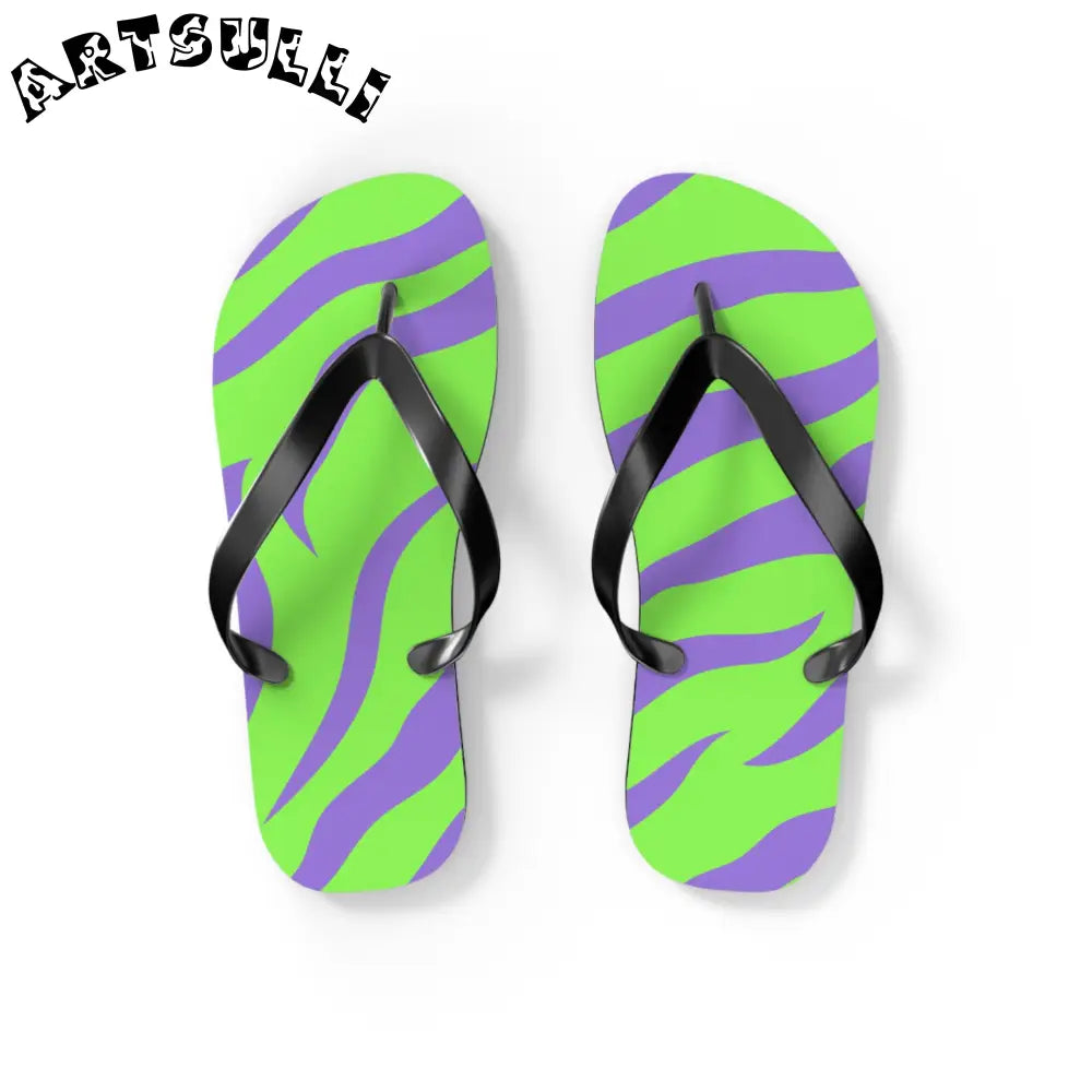 JAKKOUTTHEBXX Tyrannosaurus Print Green and Purple Flip Flops